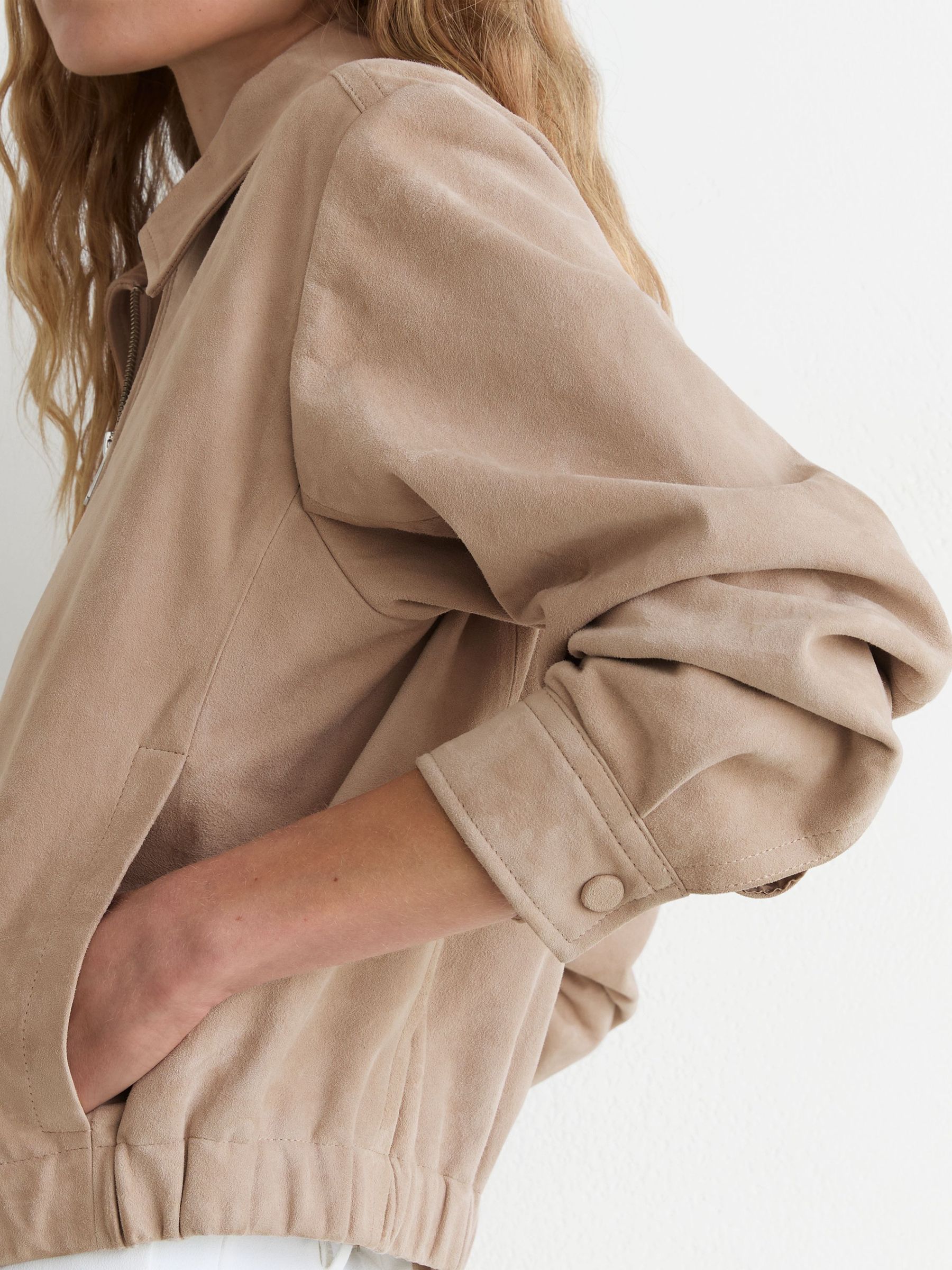 Suede Cropped Bomber Jacket in Neutral - Image 3 of 7