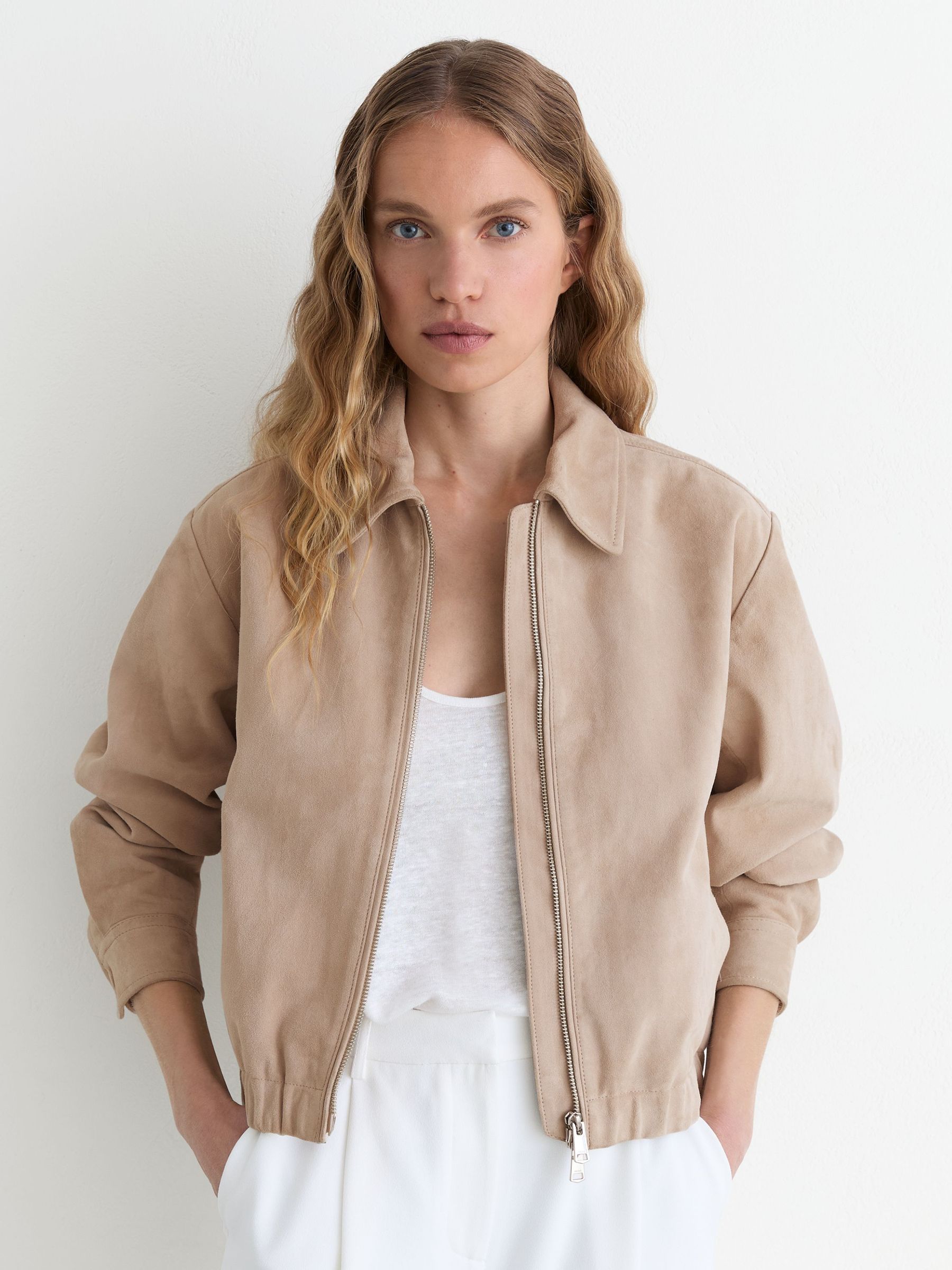 Suede Cropped Bomber Jacket in Neutral - image 5