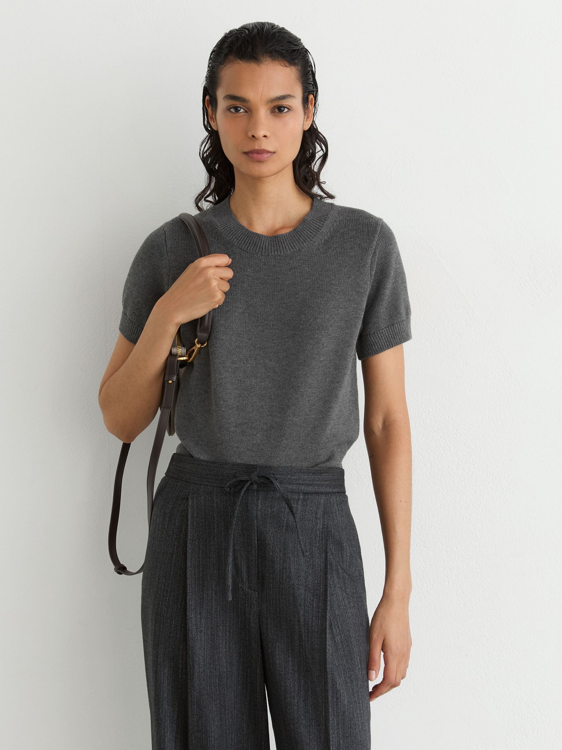 Cotton and Wool Short-Sleeve Knit Top in Grey - Image 1 of 6 Cotton and Wool Short-Sleeve Knit Top in Grey - Image 1 of 6