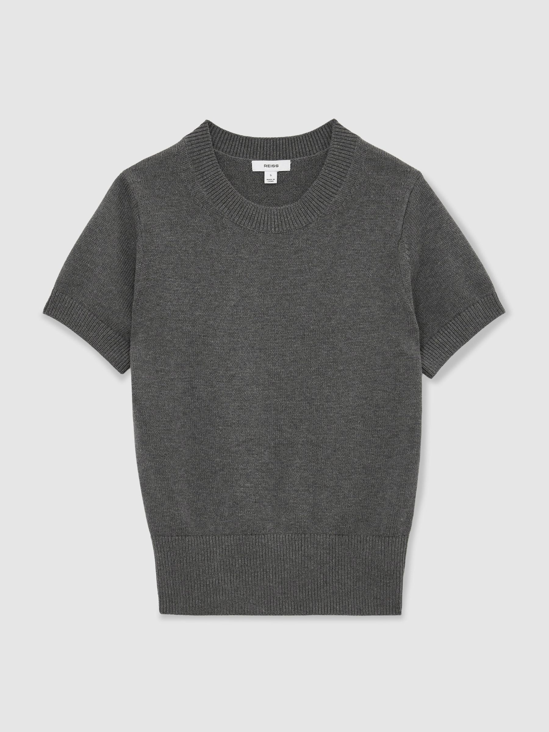 Cotton and Wool Short-Sleeve Knit Top in Grey - Image 2 of 6