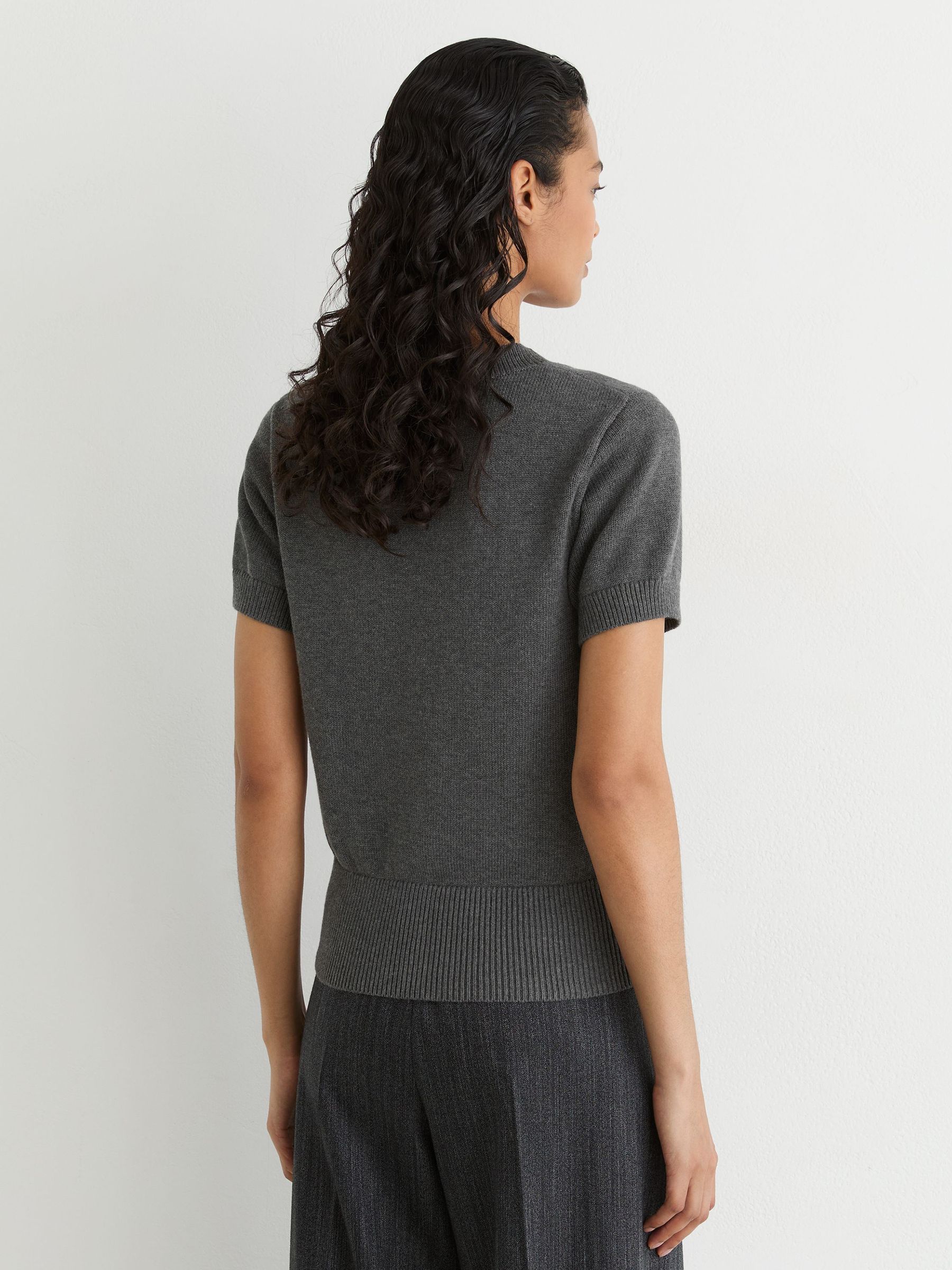 Cotton and Wool Short-Sleeve Knit Top in Grey - Image 5 of 6