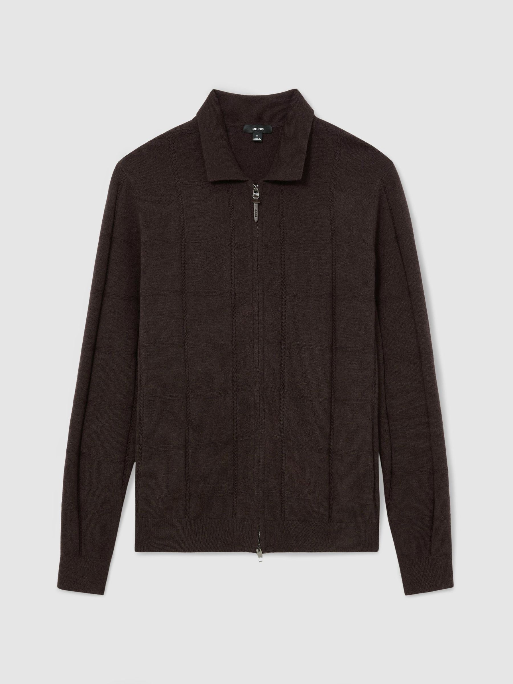 Wool Check-Textured Zip-Through Cardigan in Dark Brown - Image 2 of 6