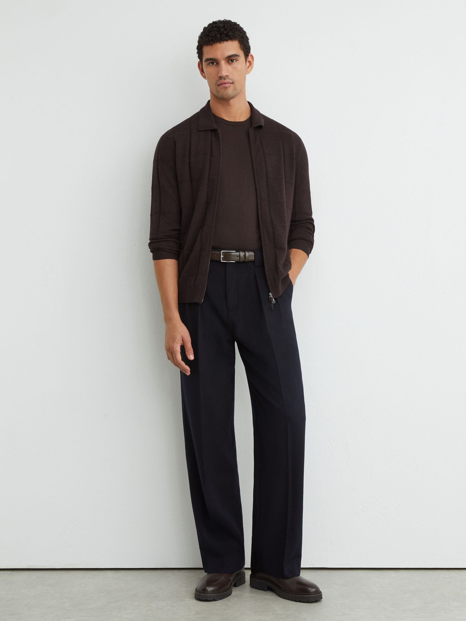 Wool Check-Textured Zip-Through Cardigan in Dark Brown - Image 4 of 6