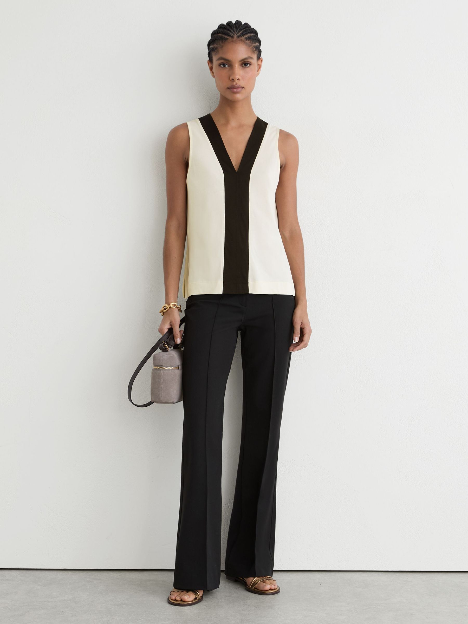 Colour-Block V-Neck Shell Top in Ivory/Black - Image 1 of 6 Colour-Block V-Neck Shell Top in Ivory/Black - Image 1 of 6