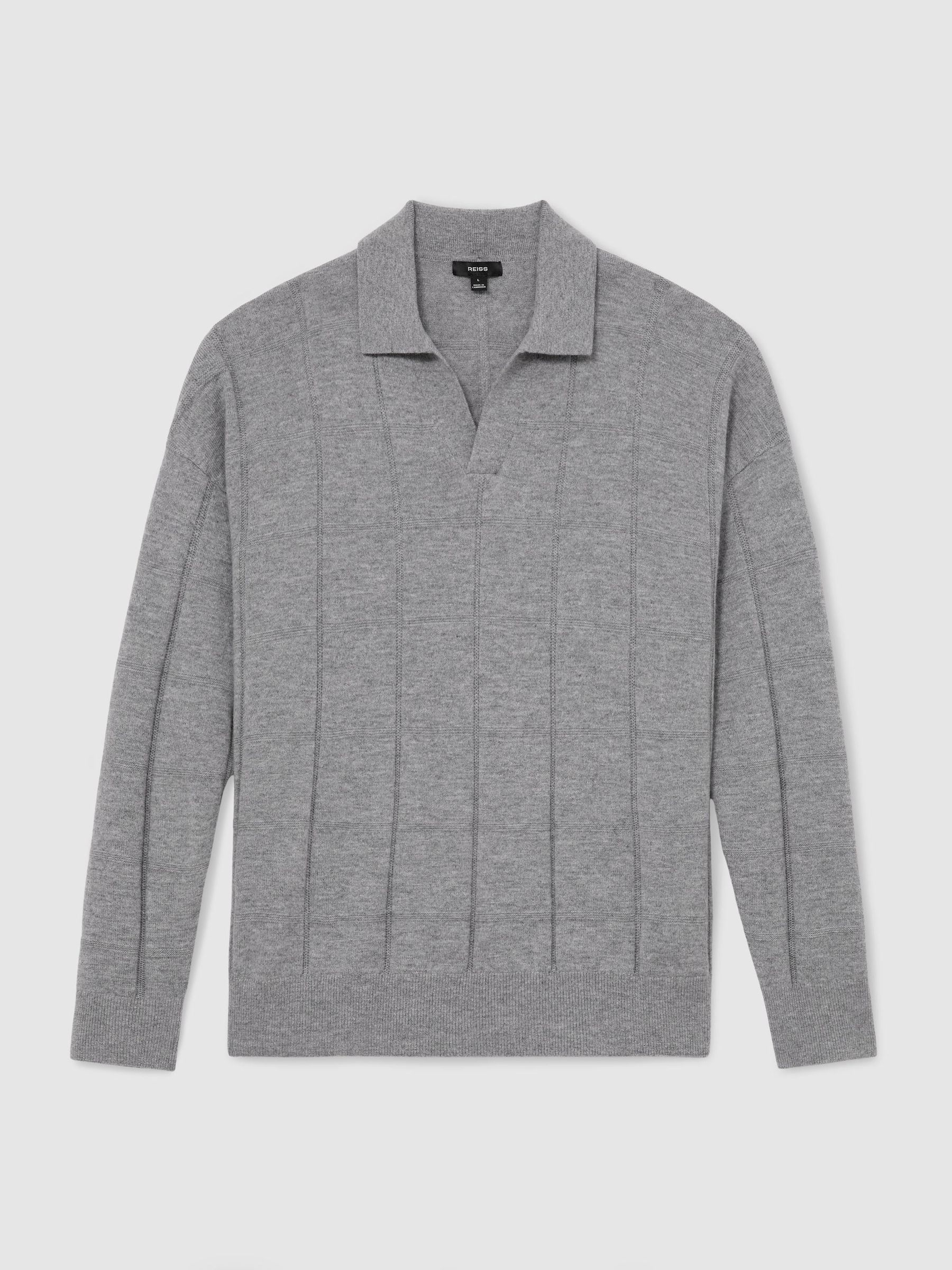 Wool Square-Textured Open-Collar Polo Jumper in Grey - Image 2 of 6