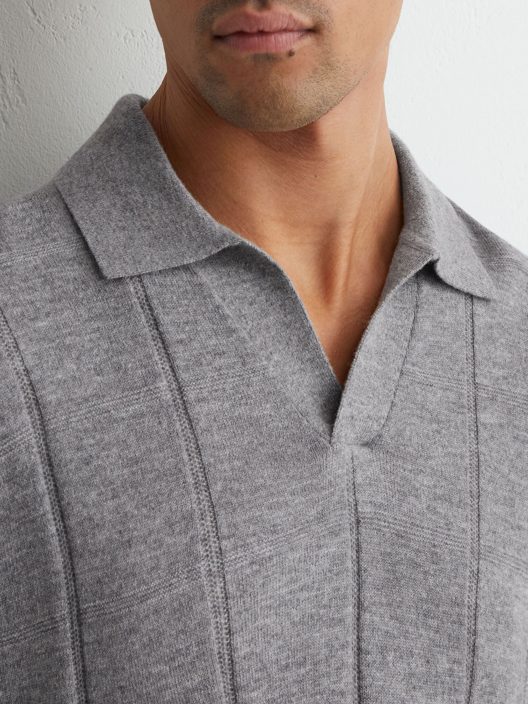 Wool Square-Textured Open-Collar Polo Jumper in Grey - Image 3 of 6