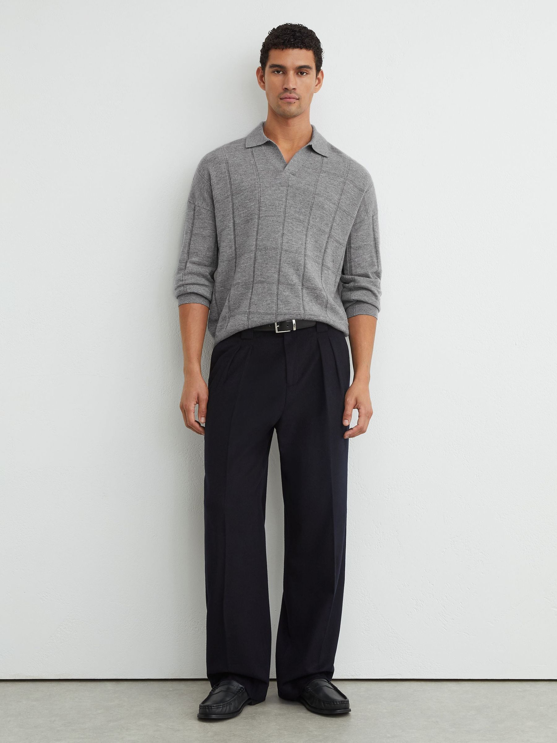 Wool Square-Textured Open-Collar Polo Jumper in Grey - Image 4 of 6