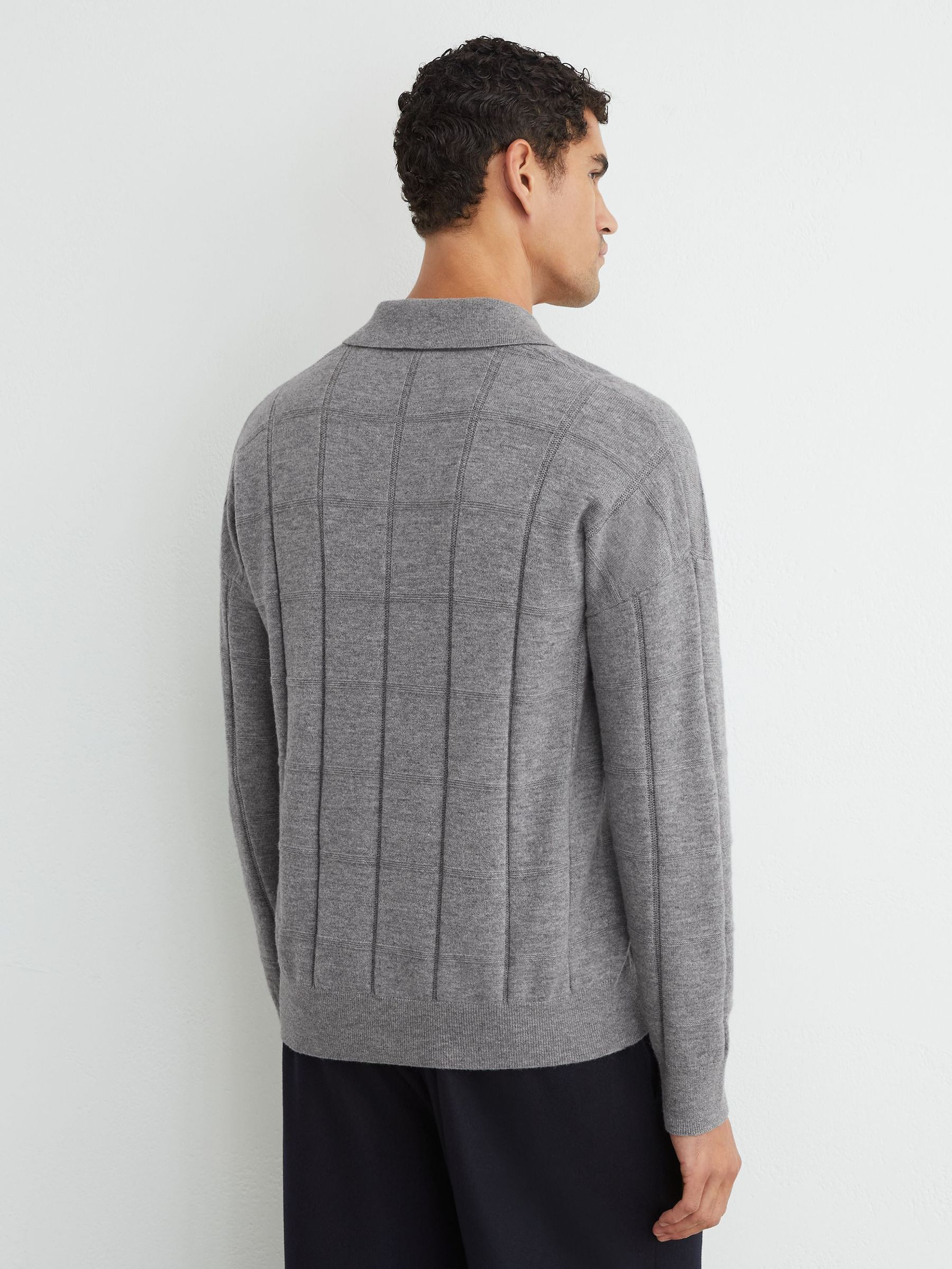 Wool Square-Textured Open-Collar Polo Jumper in Grey - Image 5 of 6