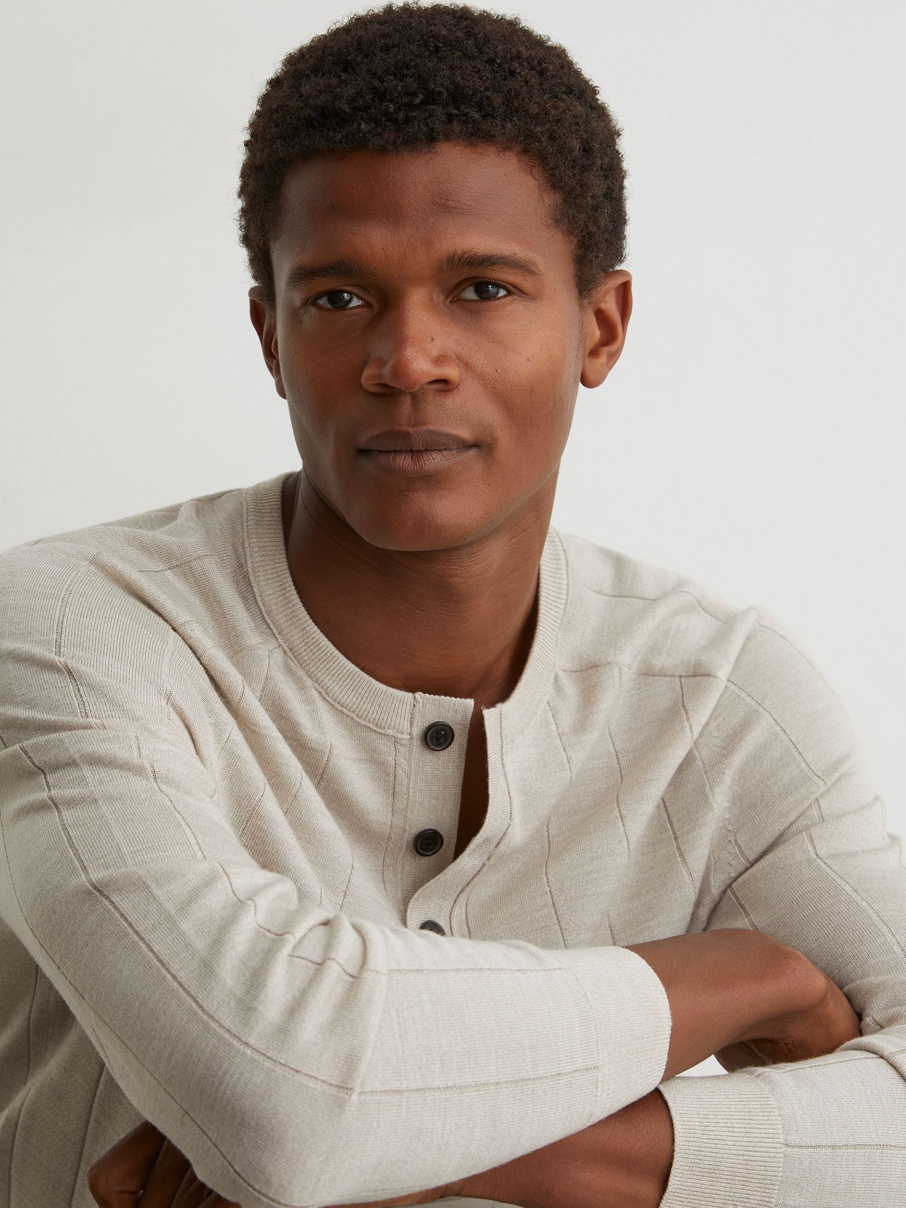 Merino Wool Wide-Rib Henley Jumper in Stone Mouline - Image 1 of 7