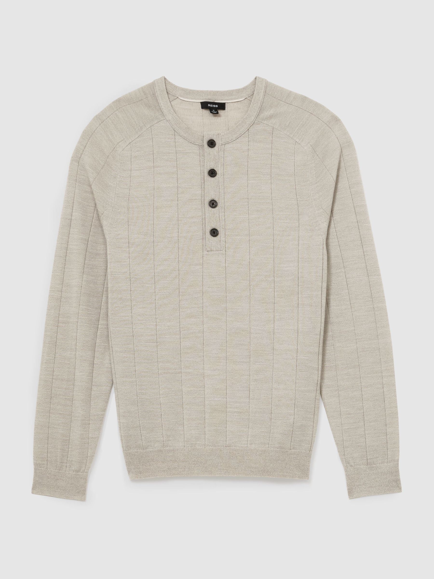 Merino Wool Wide-Rib Henley Jumper in Stone Mouline - Image 2 of 7 Merino Wool Wide-Rib Henley Jumper in Stone Mouline - Image 2 of 7