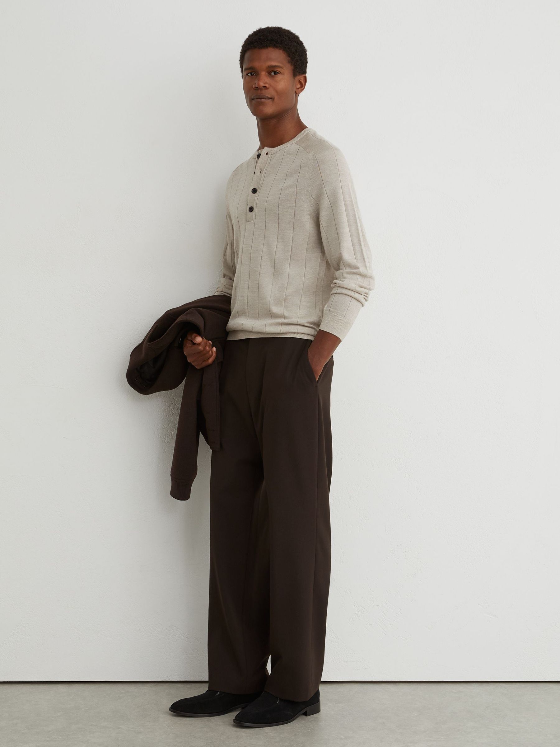 Merino Wool Wide-Rib Henley Jumper in Stone Mouline - Image 3 of 7