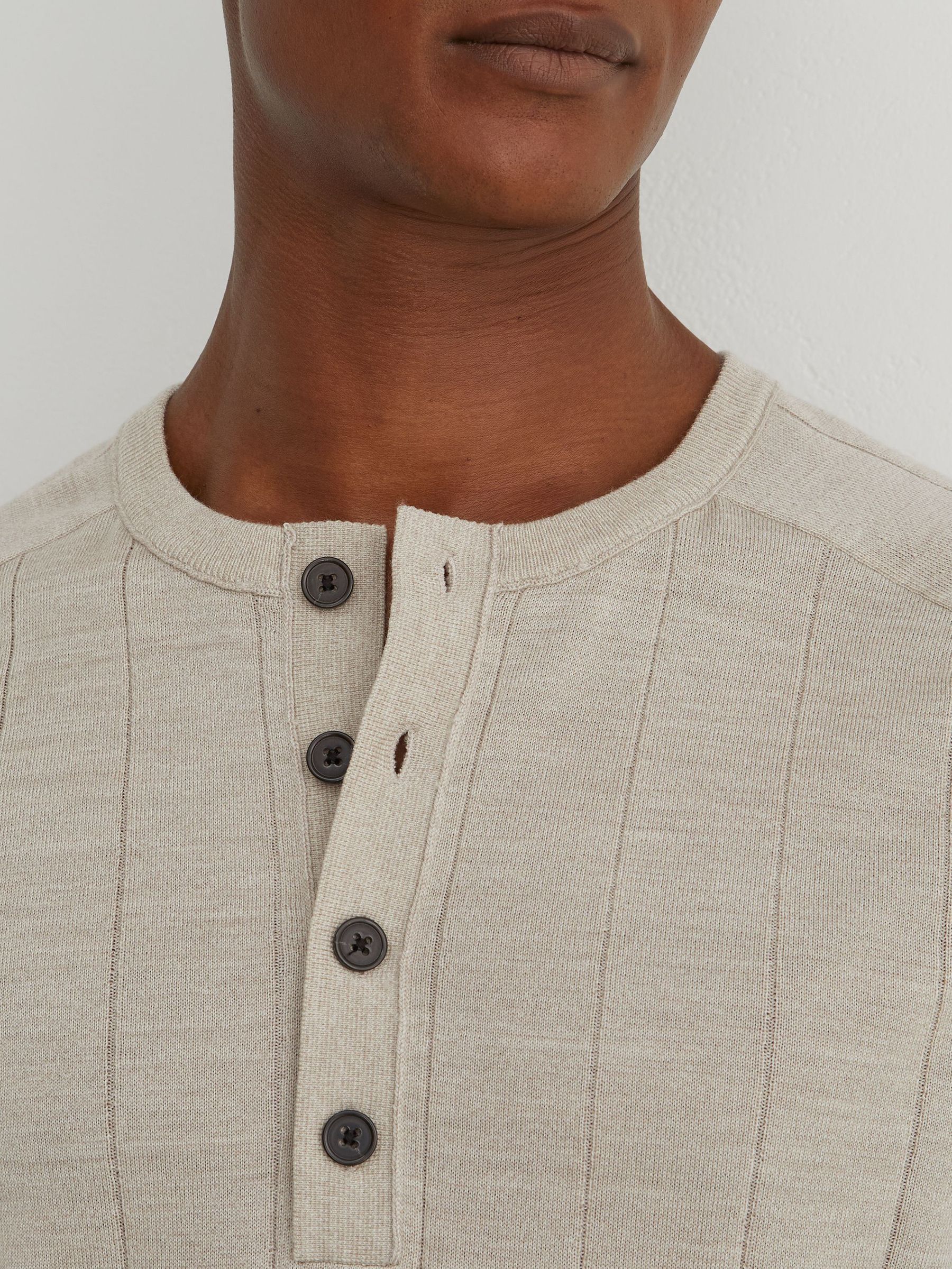 Merino Wool Wide-Rib Henley Jumper in Stone Mouline - Image 5 of 7