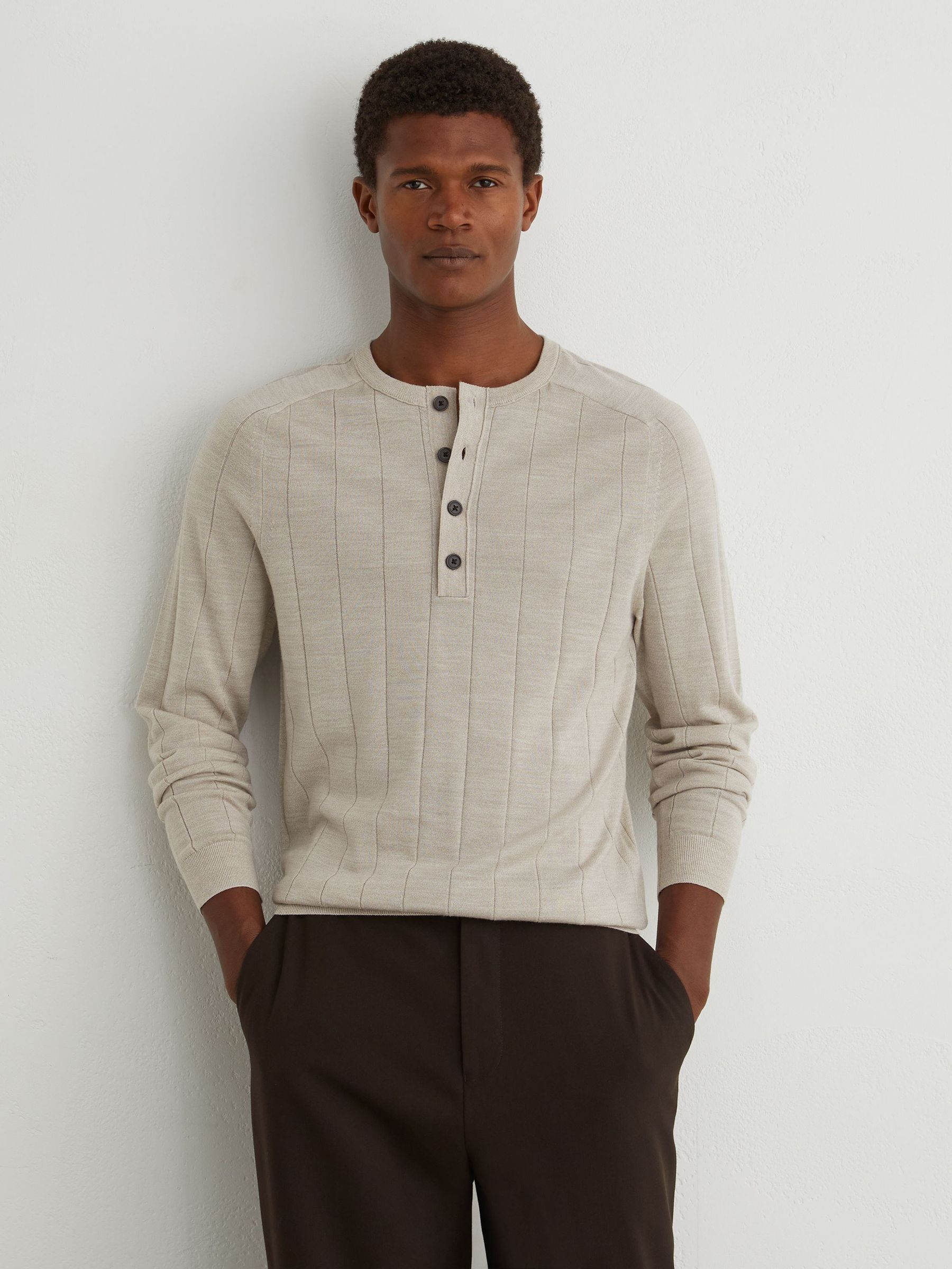 Merino Wool Wide-Rib Henley Jumper in Stone Mouline - Image 6 of 7