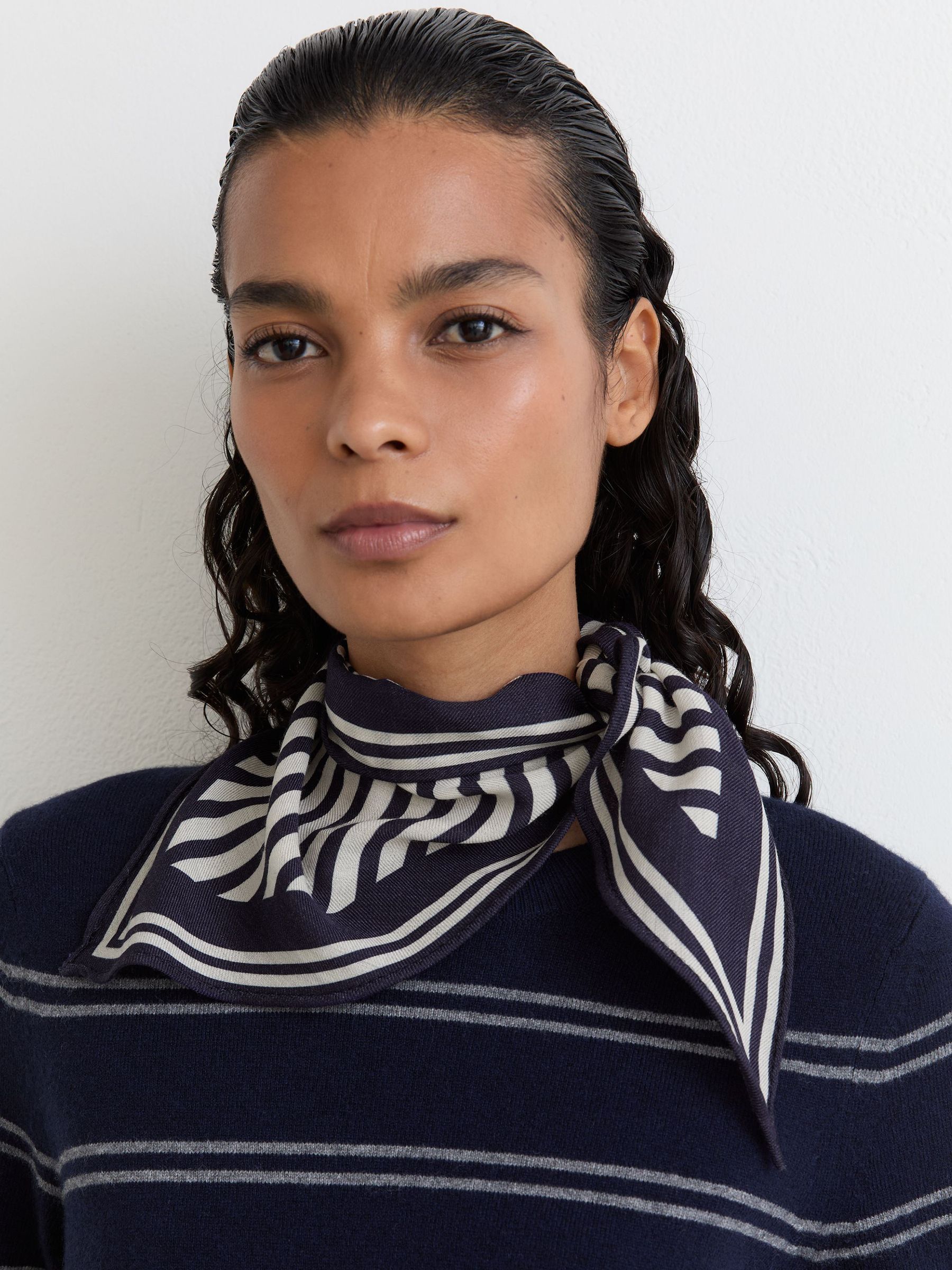 Wool-Silk Stripe Triangle Scarf in Navy/White - Image 2 of 4