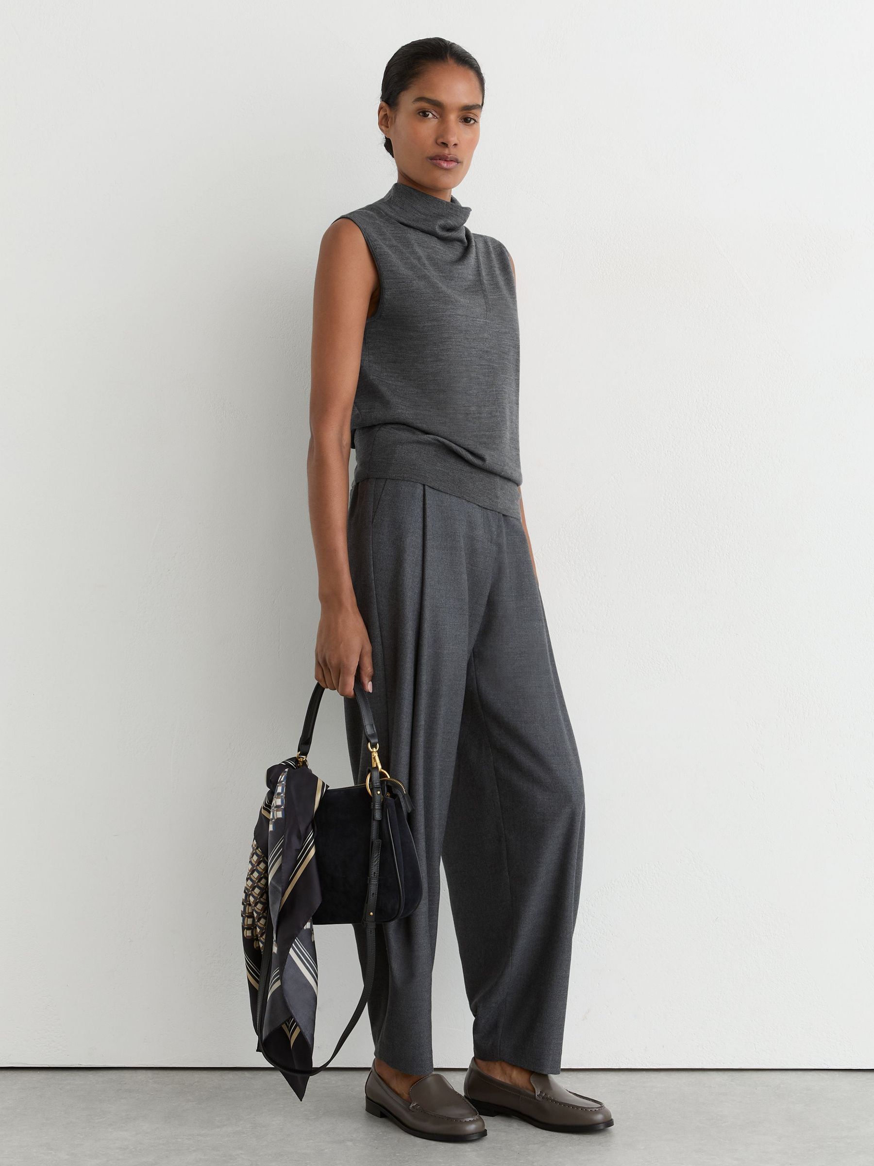 Wool Funnel-Neck Sleeveless Knit Top in Dark Charcoal Grey - Image 1 of 6