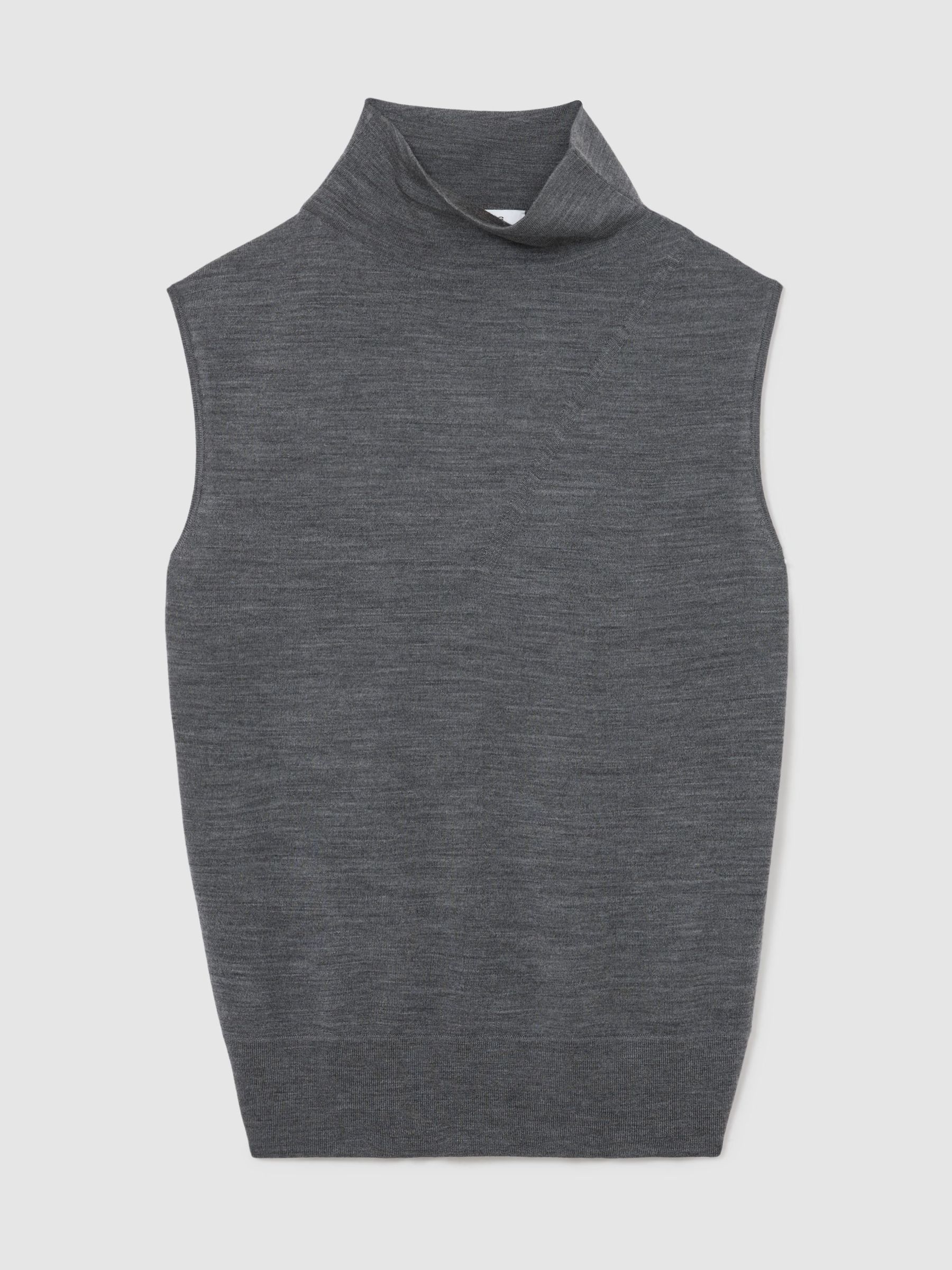 Wool Funnel-Neck Sleeveless Knit Top in Dark Charcoal Grey - Image 2 of 6