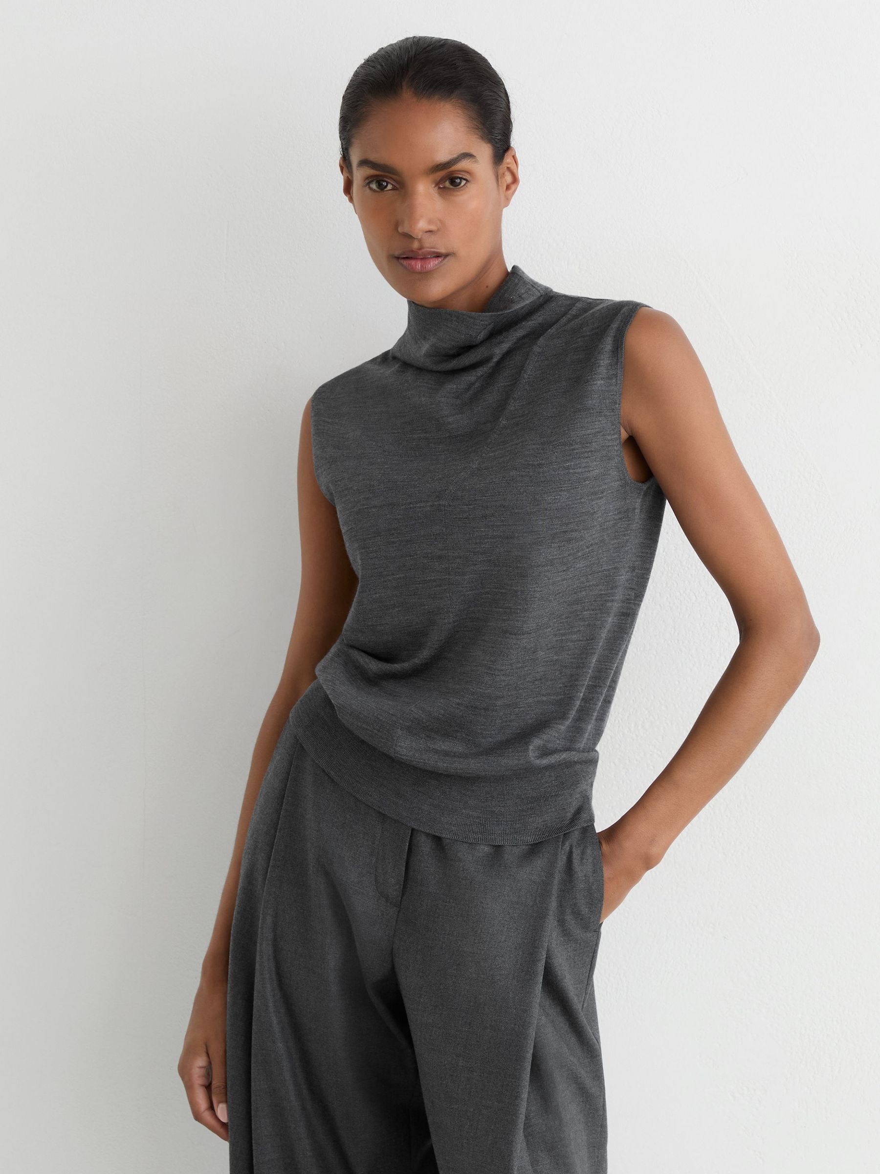 Wool Funnel-Neck Sleeveless Knit Top in Dark Charcoal Grey - Image 3 of 6