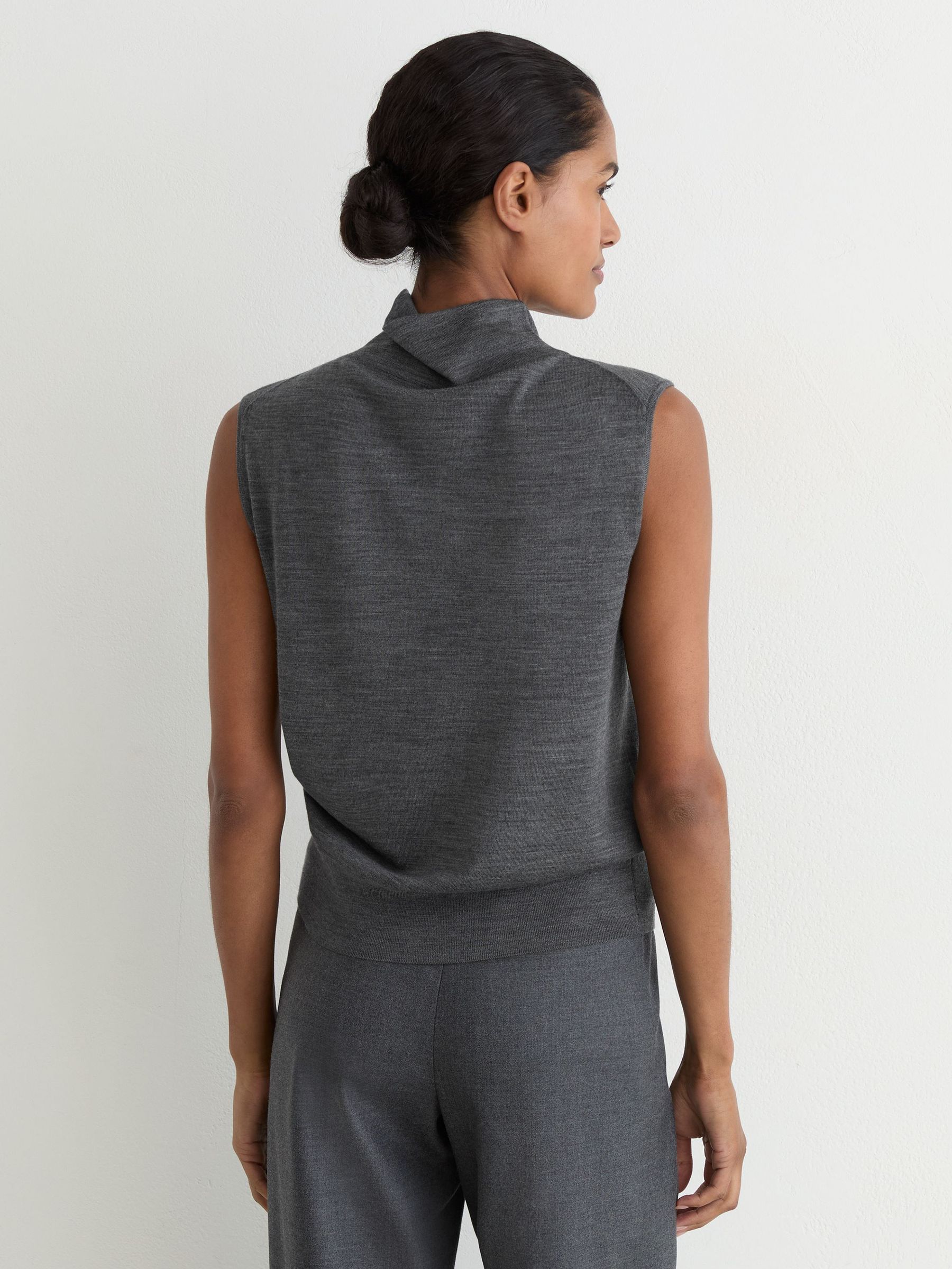 Wool Funnel-Neck Sleeveless Knit Top in Dark Charcoal Grey - Image 4 of 6