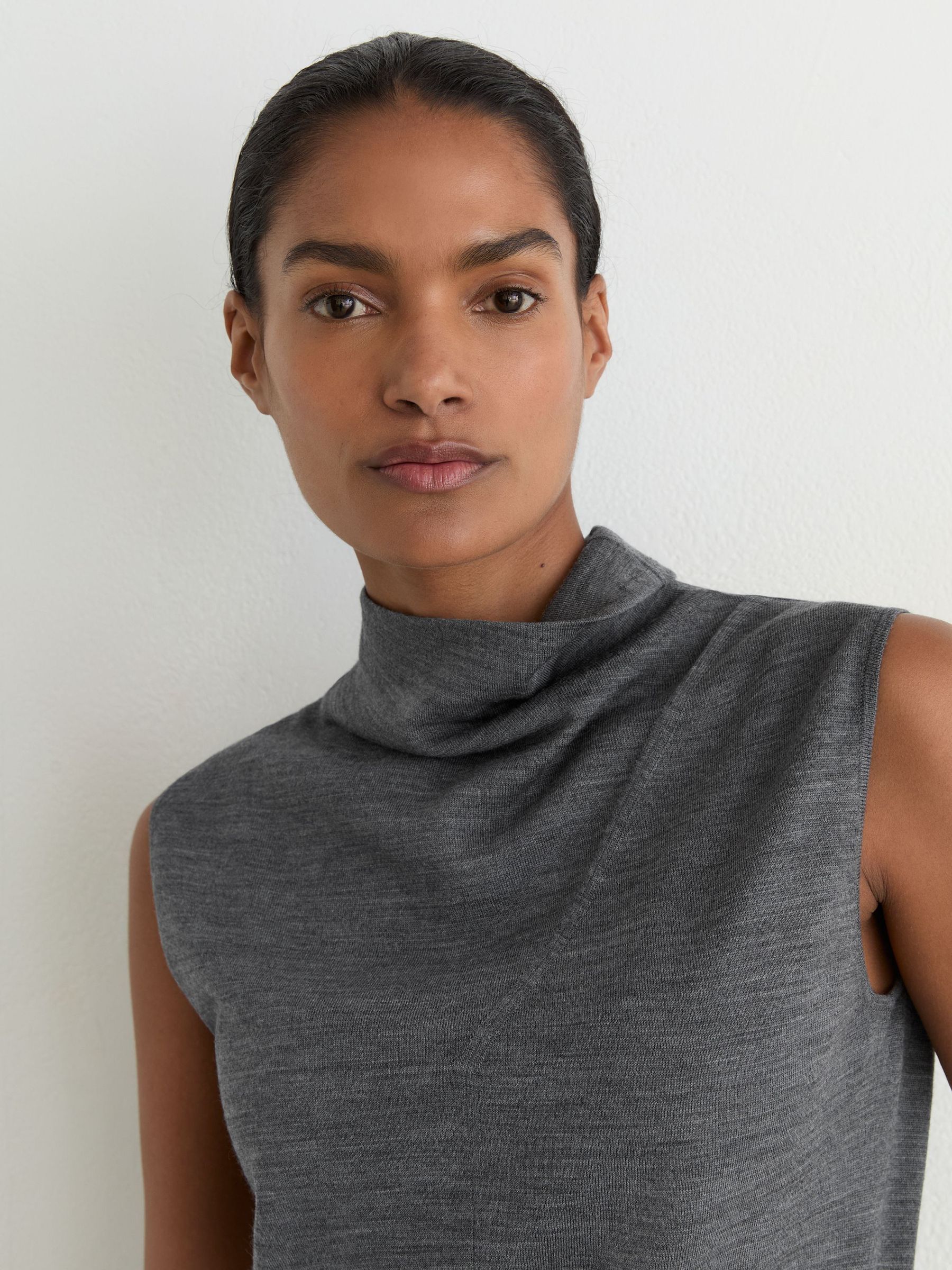 Wool Funnel-Neck Sleeveless Knit Top in Dark Charcoal Grey - Image 5 of 6