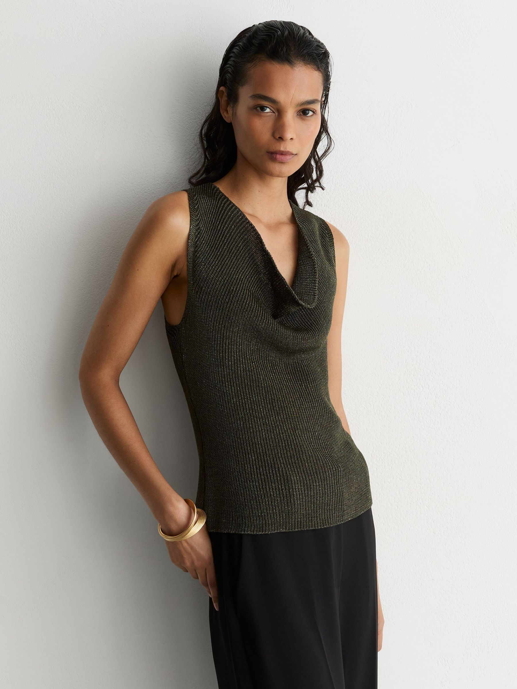 Cowl-Neck Metallic-Knit Sleeveless Top in Green - Image 1 of 6