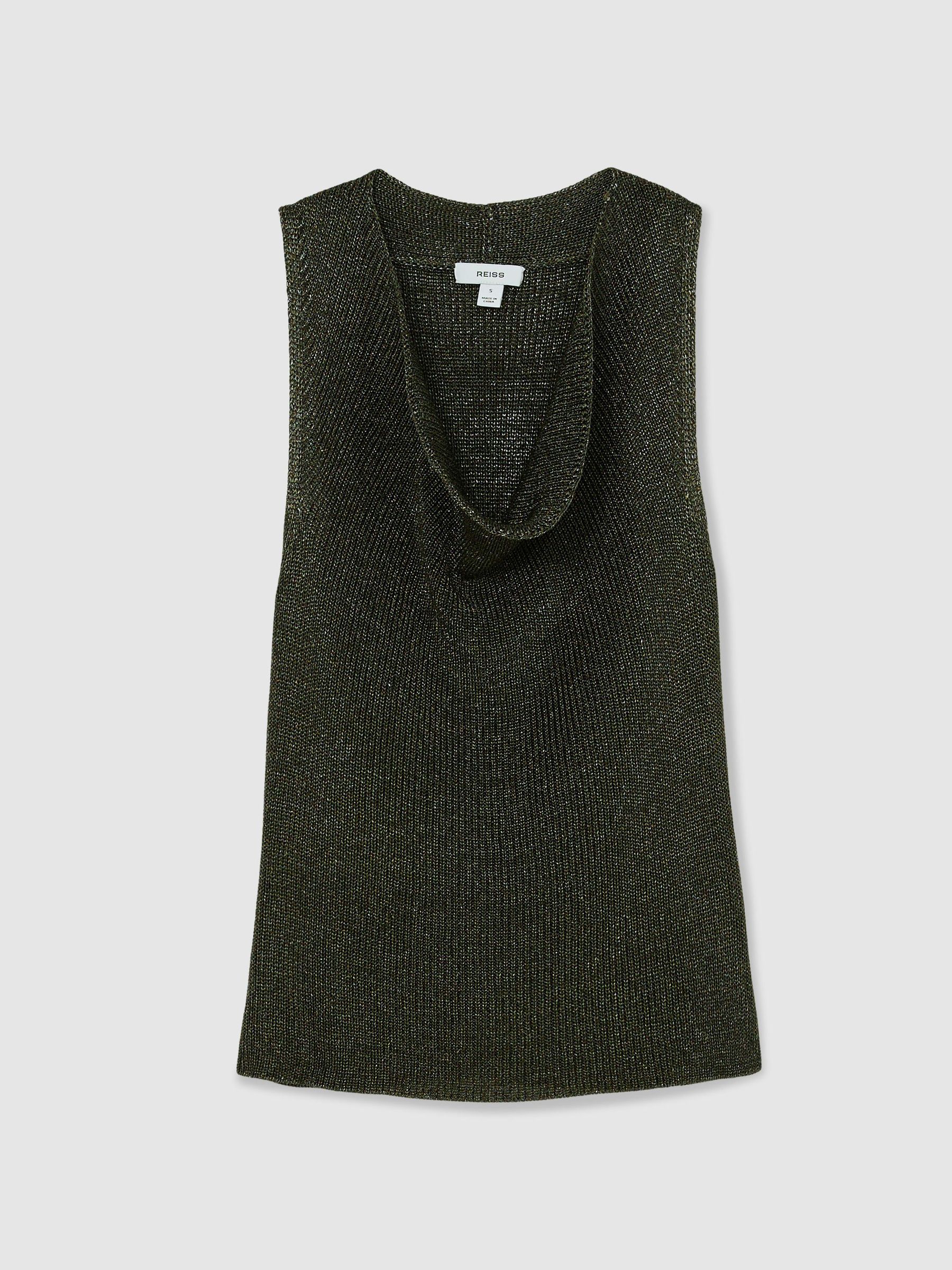 Cowl-Neck Metallic-Knit Sleeveless Top in Green - Image 2 of 6
