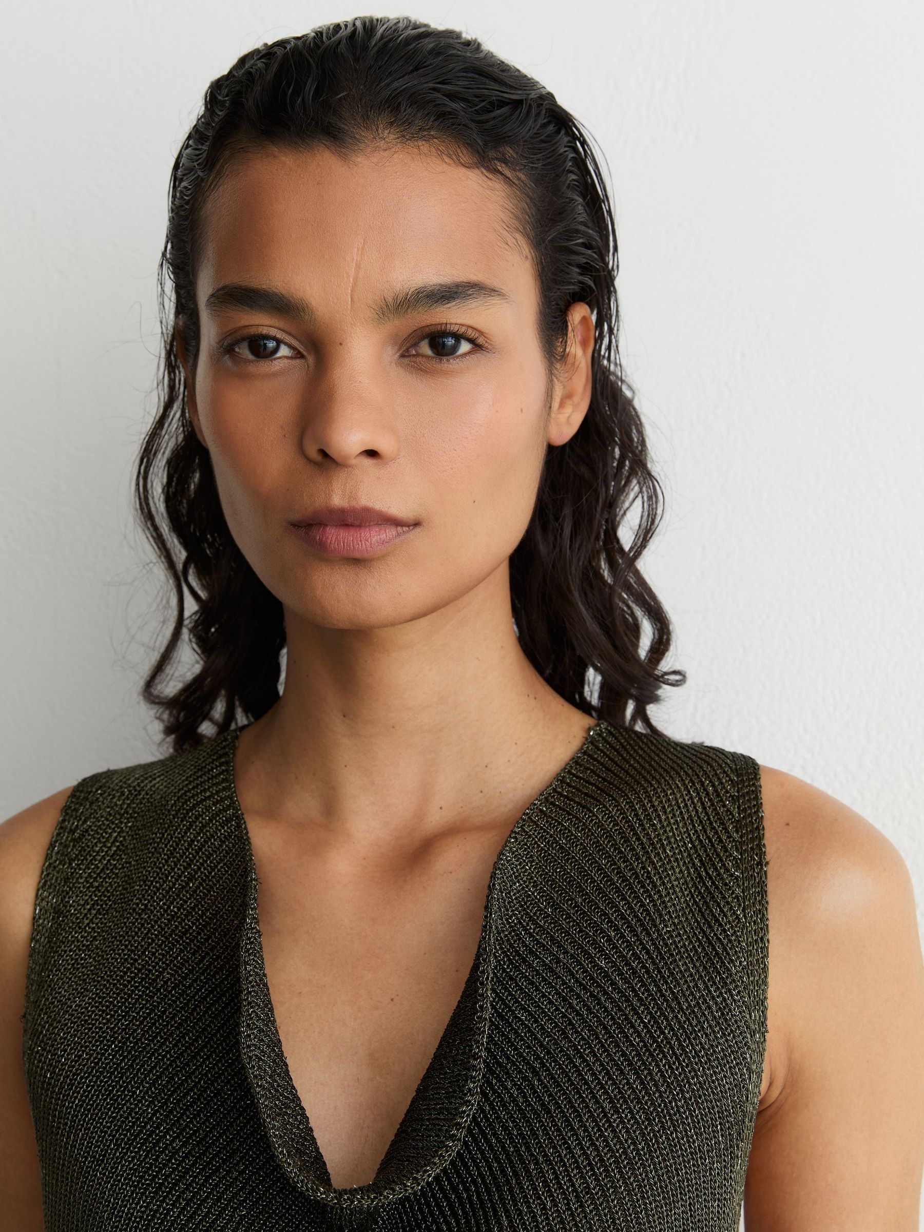 Cowl-Neck Metallic-Knit Sleeveless Top in Green - Image 3 of 6