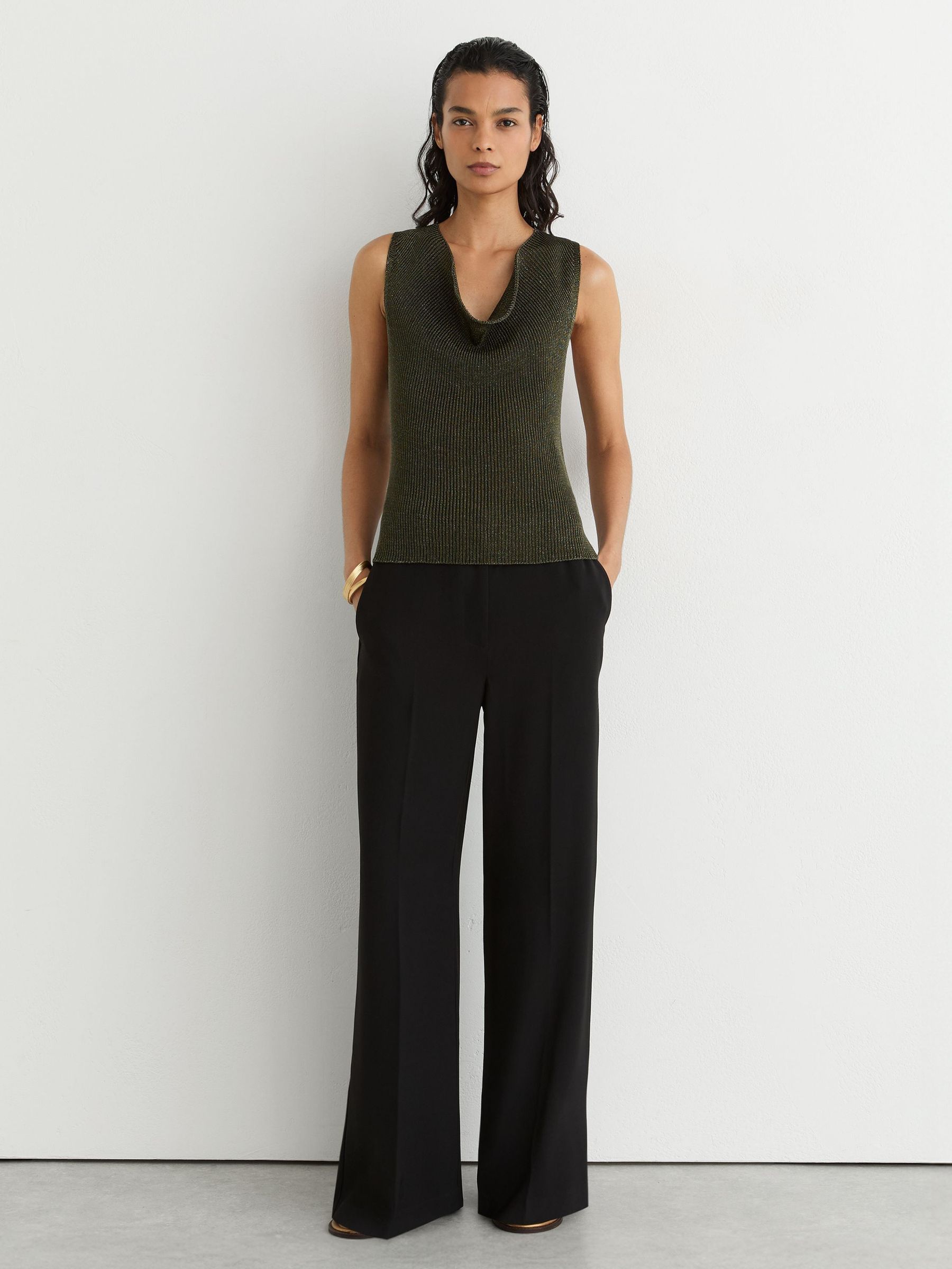 Cowl-Neck Metallic-Knit Sleeveless Top in Green - Image 4 of 6