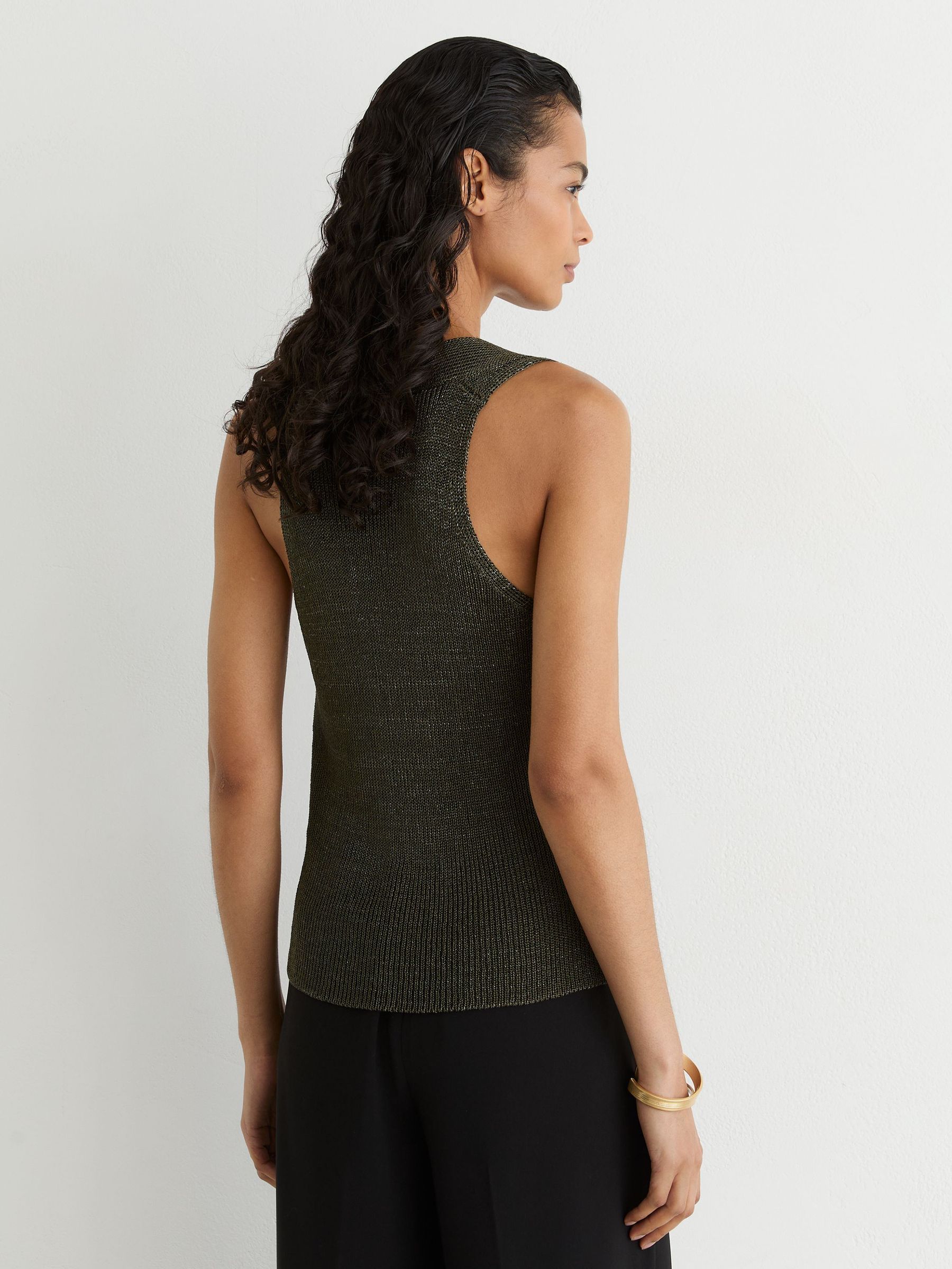 Cowl-Neck Metallic-Knit Sleeveless Top in Green - Image 5 of 6