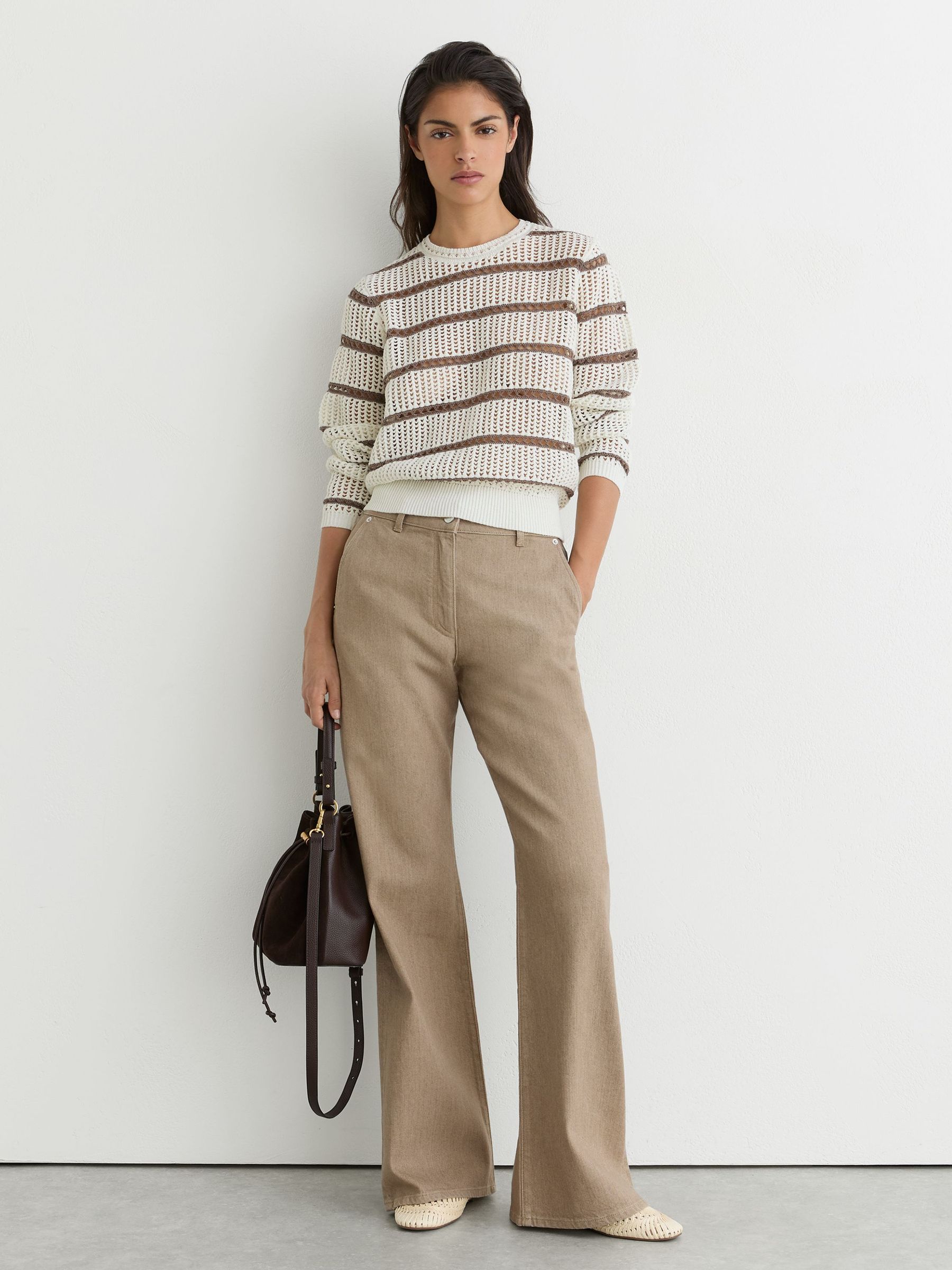 Cotton-Blend Open-Knit Stripe Jumper in Ivory/Taupe Neutral - Image 1 of 7
