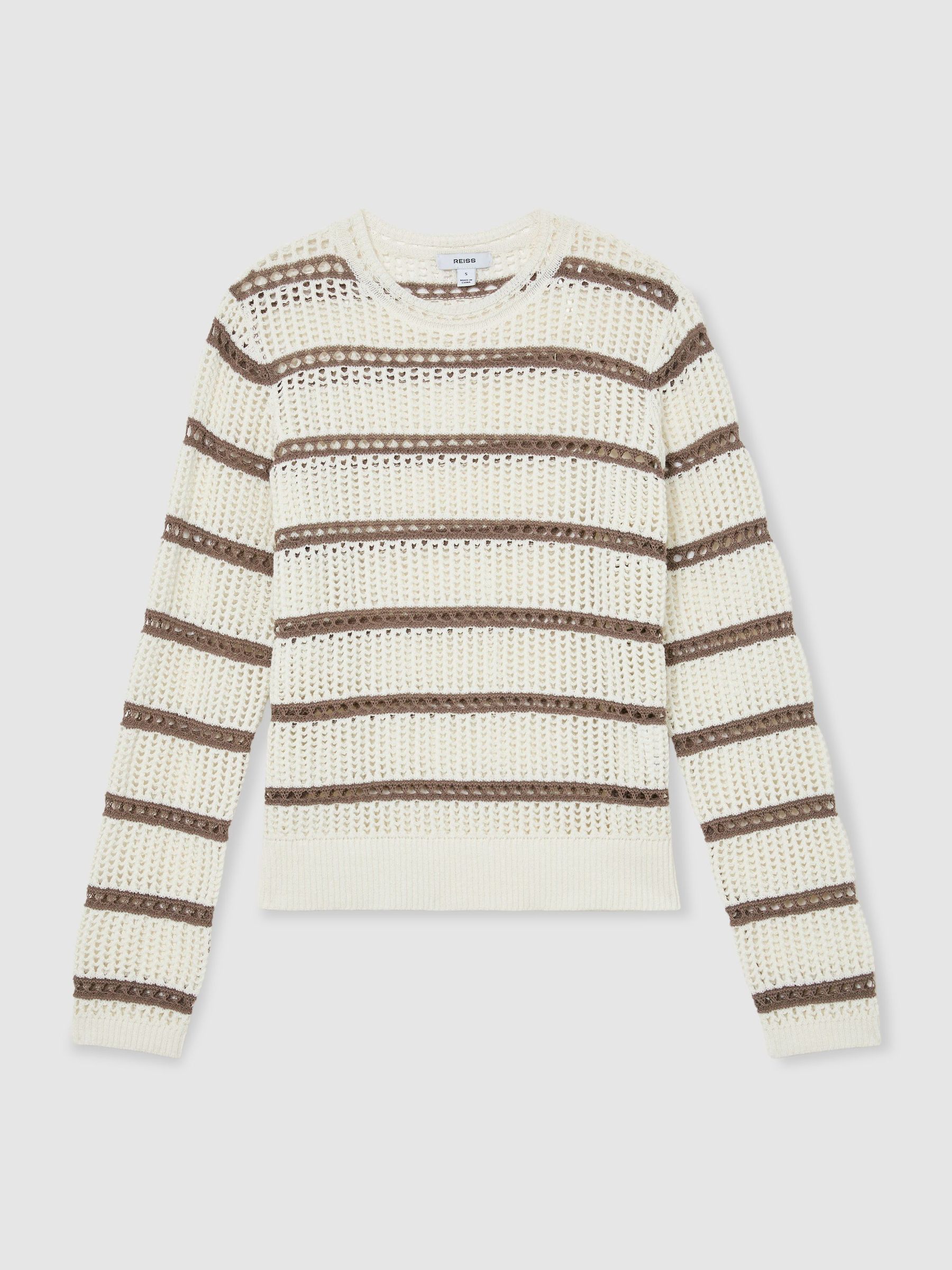 Cotton-Blend Open-Knit Stripe Jumper in Ivory/Taupe Neutral - Image 2 of 7