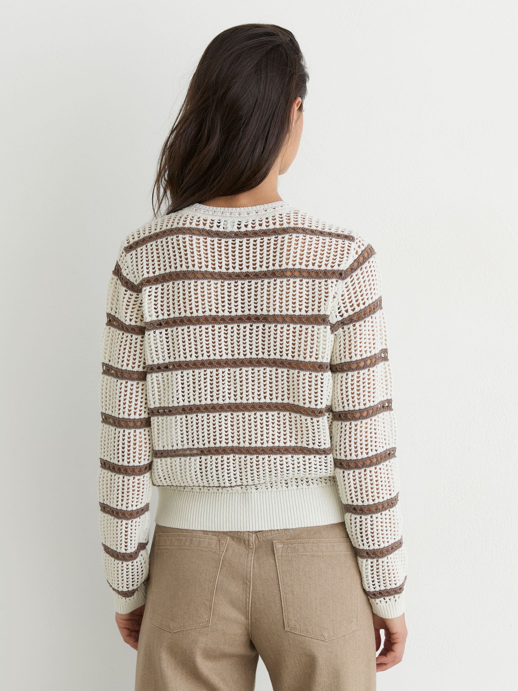 Cotton-Blend Open-Knit Stripe Jumper in Ivory/Taupe Neutral - Image 4 of 7