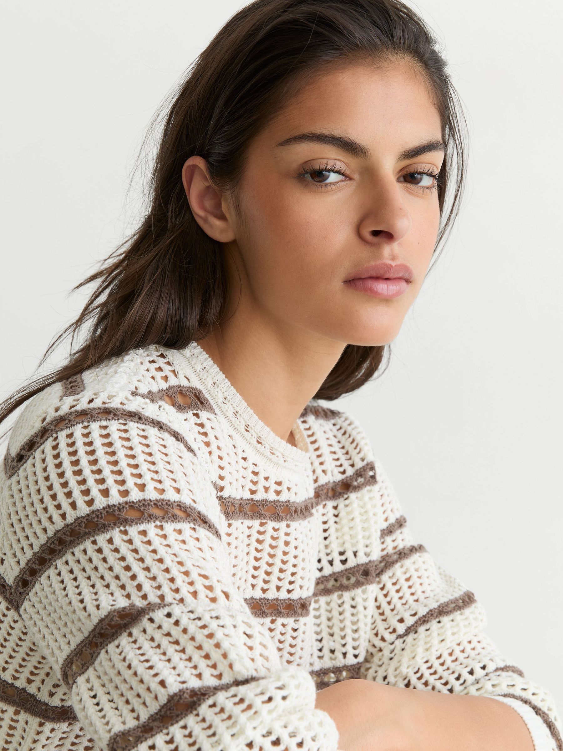 Cotton-Blend Open-Knit Stripe Jumper in Ivory/Taupe Neutral - Image 5 of 7