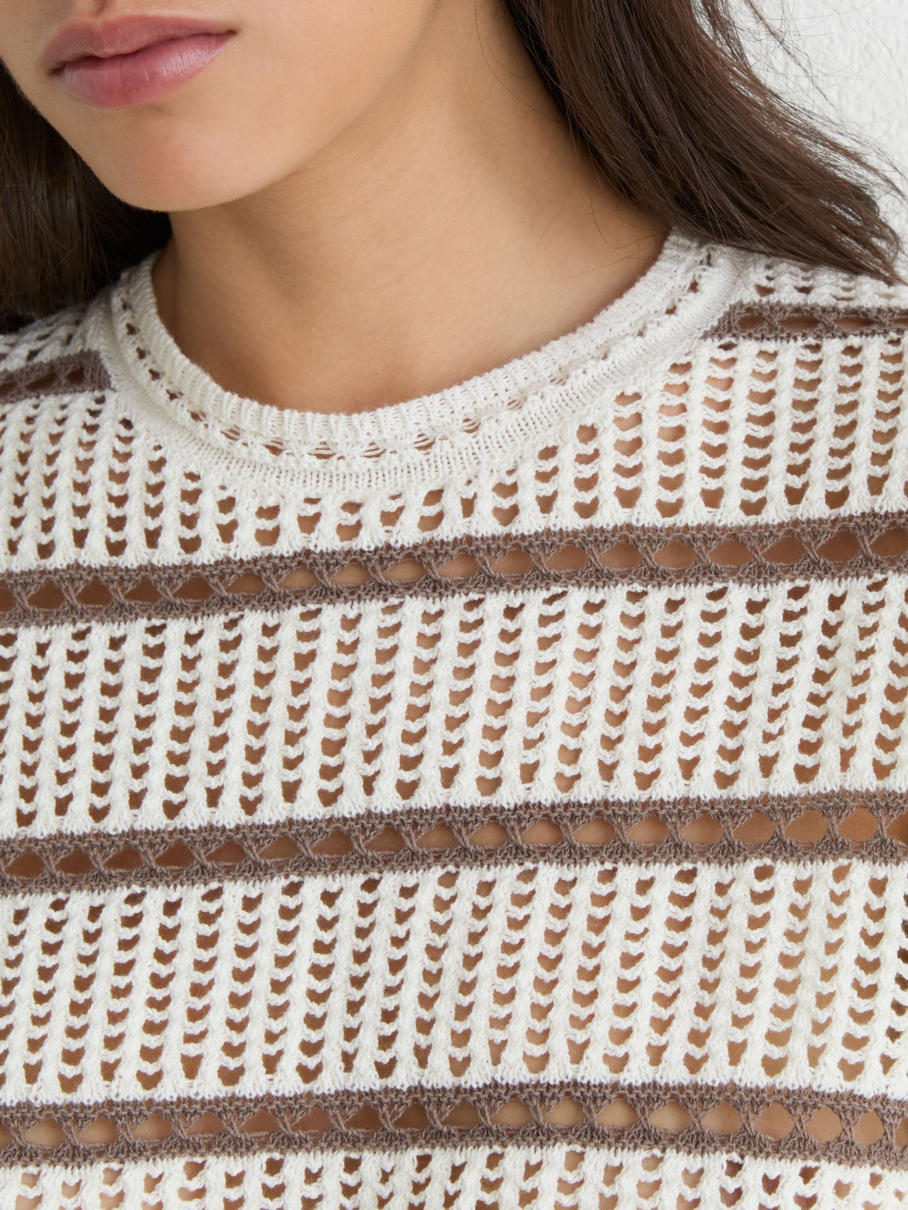 Cotton-Blend Open-Knit Stripe Jumper in Ivory/Taupe Neutral - Image 6 of 7