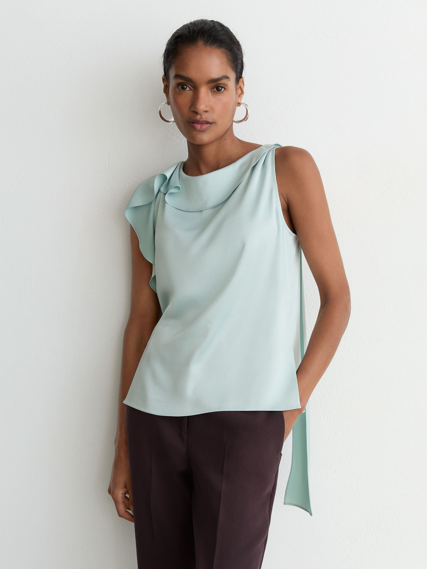 Satin Sleeveless Frill-Detail Top in Aqua Blue - Image 1 of 7