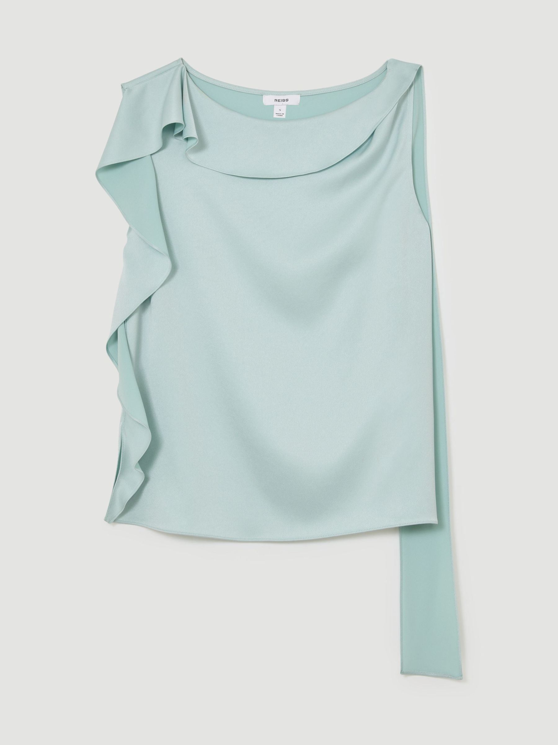 Satin Sleeveless Frill-Detail Top in Aqua Blue - Image 2 of 7 Satin Sleeveless Frill-Detail Top in Aqua Blue - Image 2 of 7