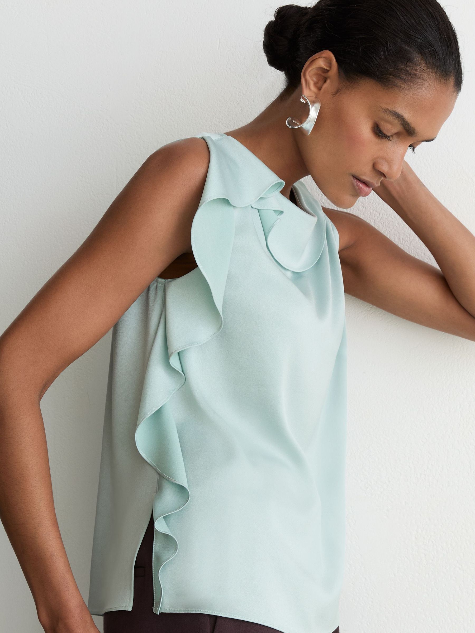 Satin Sleeveless Frill-Detail Top in Aqua Blue - Image 3 of 7