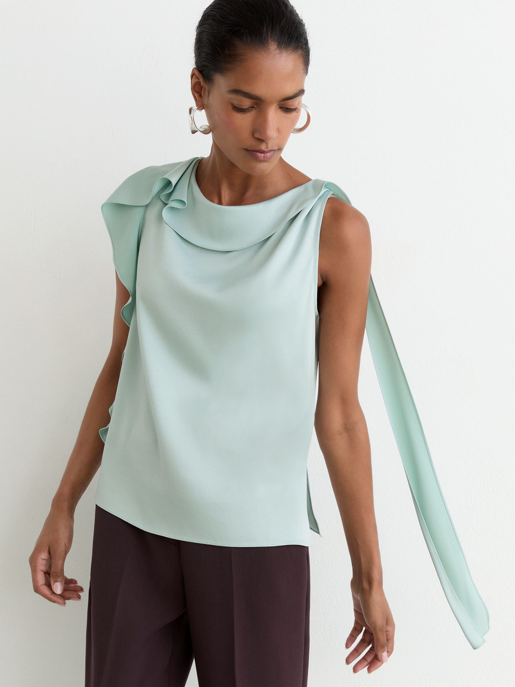 Satin Sleeveless Frill-Detail Top in Aqua Blue - Image 4 of 7