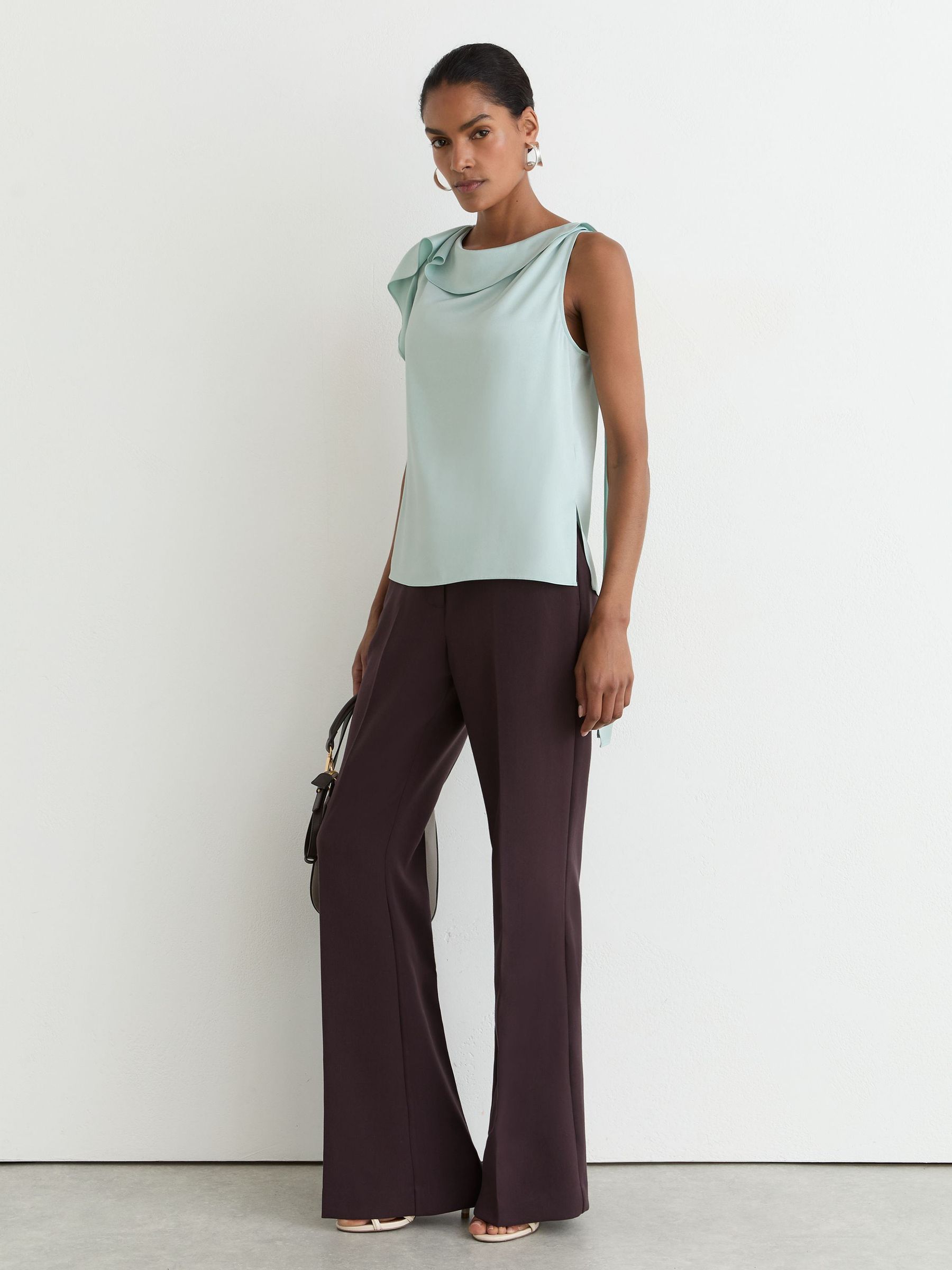 Satin Sleeveless Frill-Detail Top in Aqua Blue - Image 5 of 7