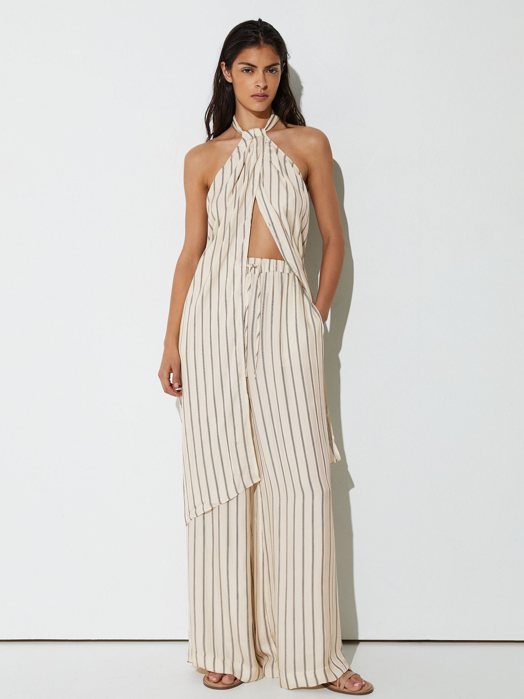 Halterneck Stripe Split-Front Resort Top in Ivory/Black - Image 1 of 7