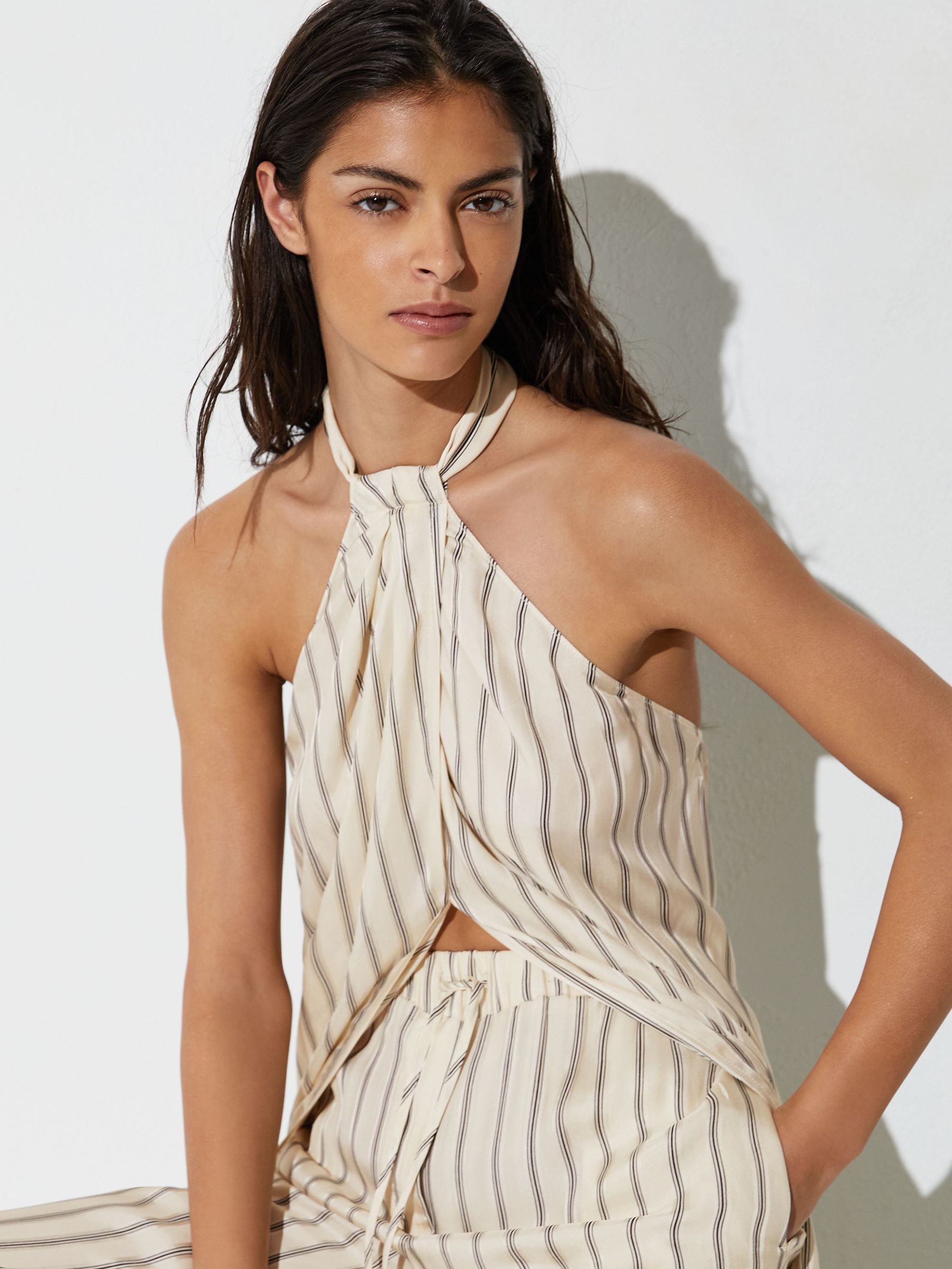 Halterneck Stripe Split-Front Resort Top in Ivory/Black - Image 3 of 7