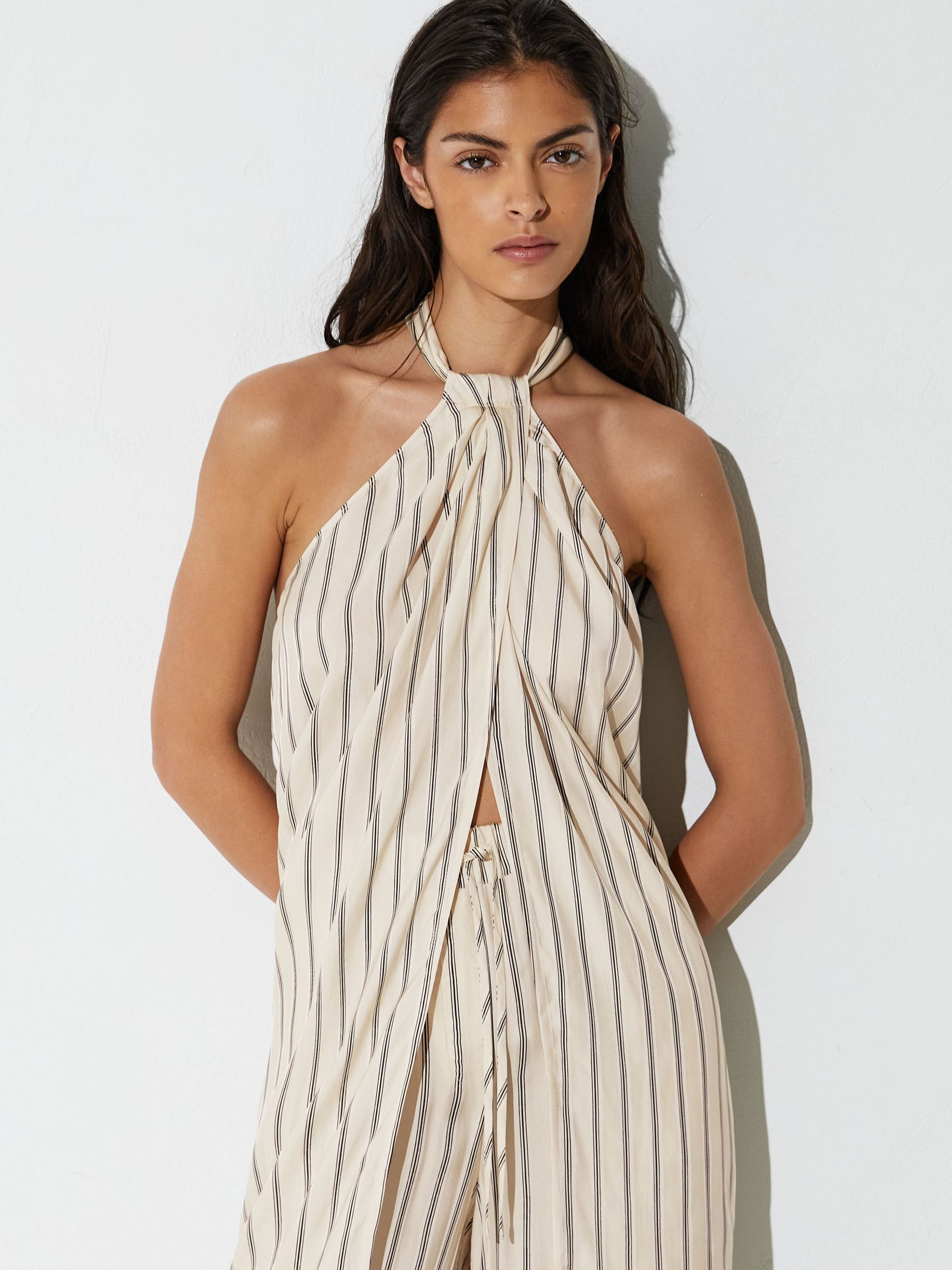 Halterneck Stripe Split-Front Resort Top in Ivory/Black - Image 5 of 7