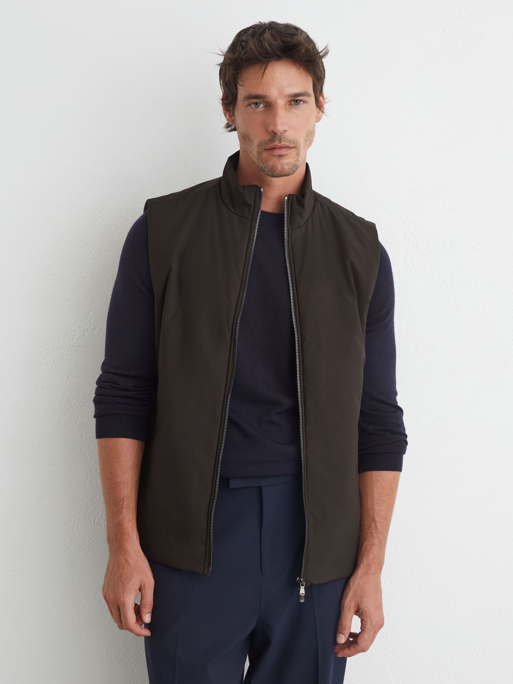 Technical Padded Zip-Through Gilet in Dark Brown - Image 1 of 6