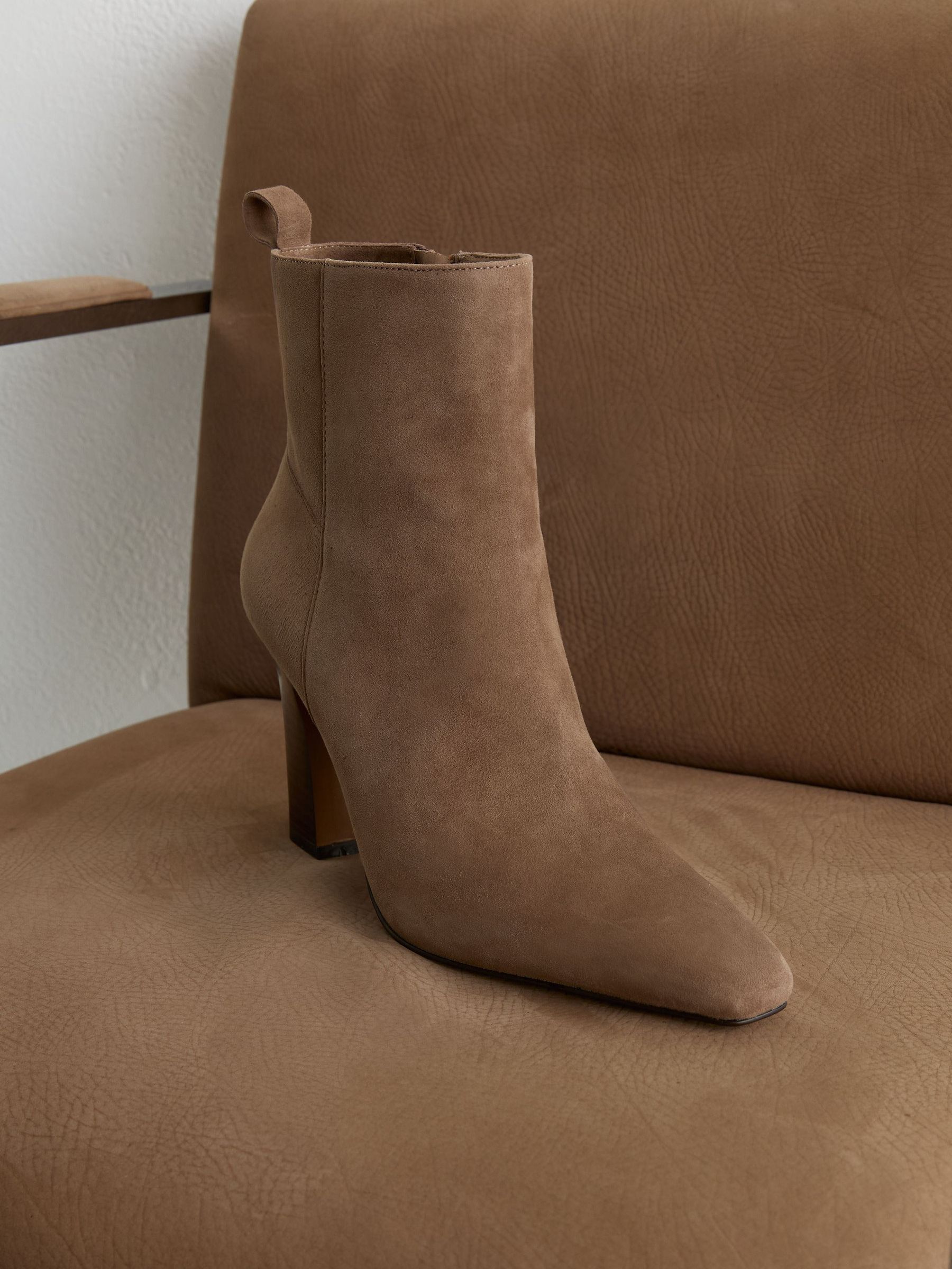 Suede Chisel-Toe Block-Heel Ankle Boots in Taupe - Image 1 of 4
