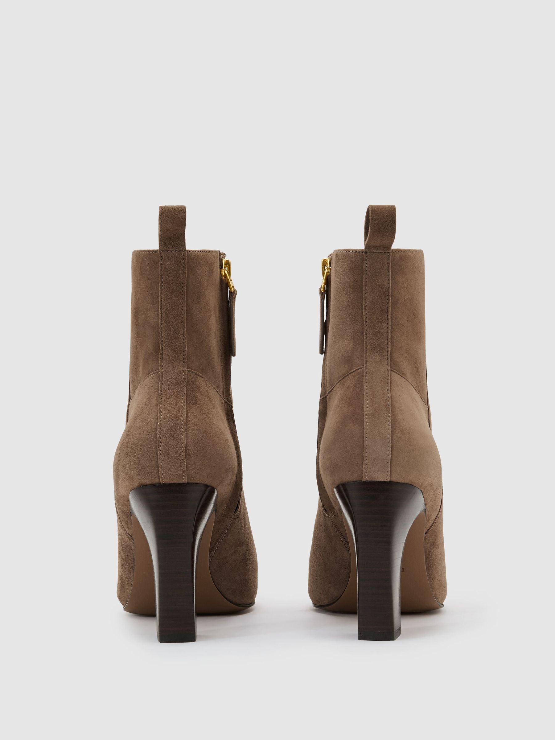 Suede Chisel-Toe Block-Heel Ankle Boots in Taupe - Image 3 of 4