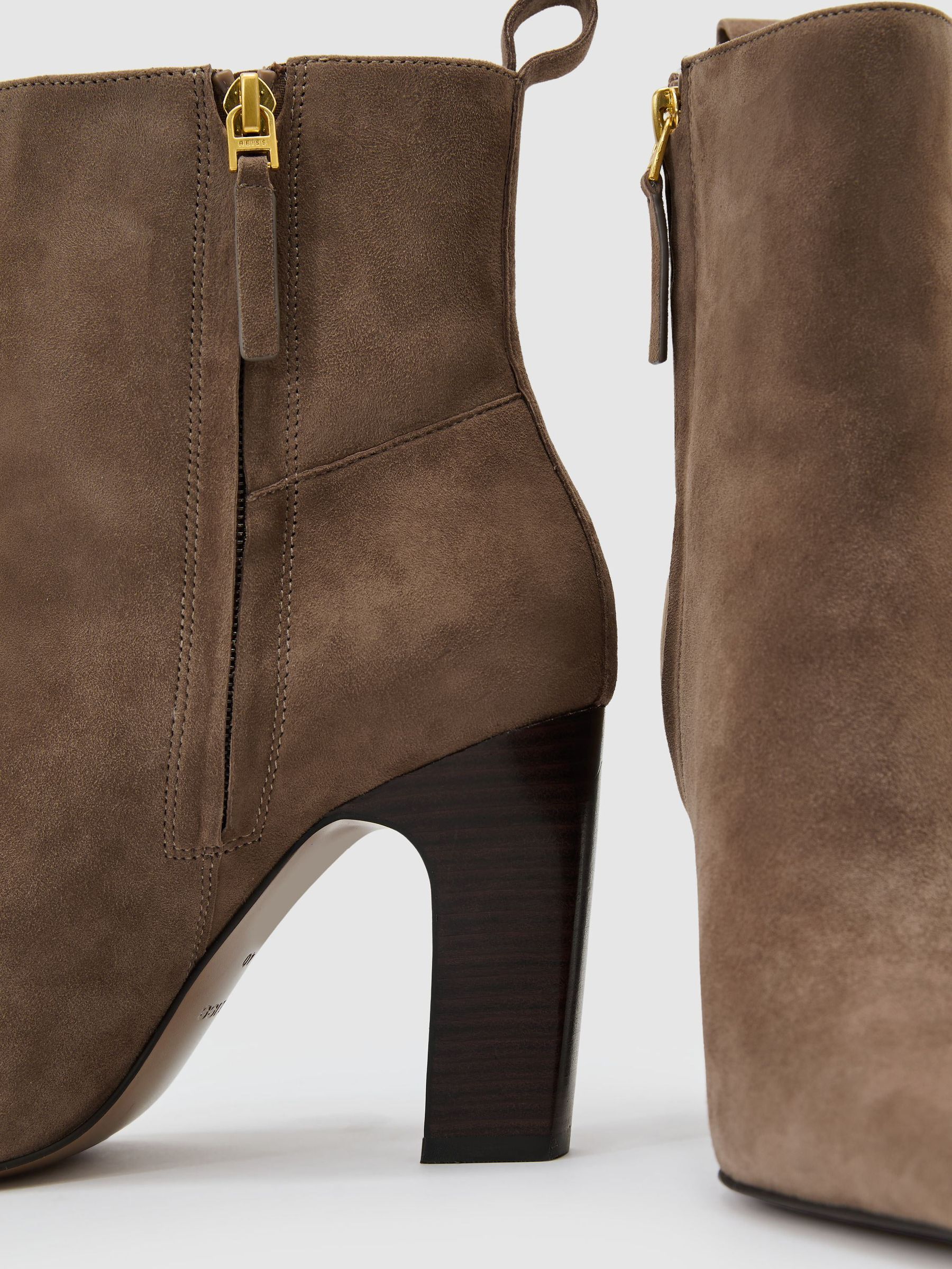 Suede Chisel-Toe Block-Heel Ankle Boots in Taupe - Image 4 of 4