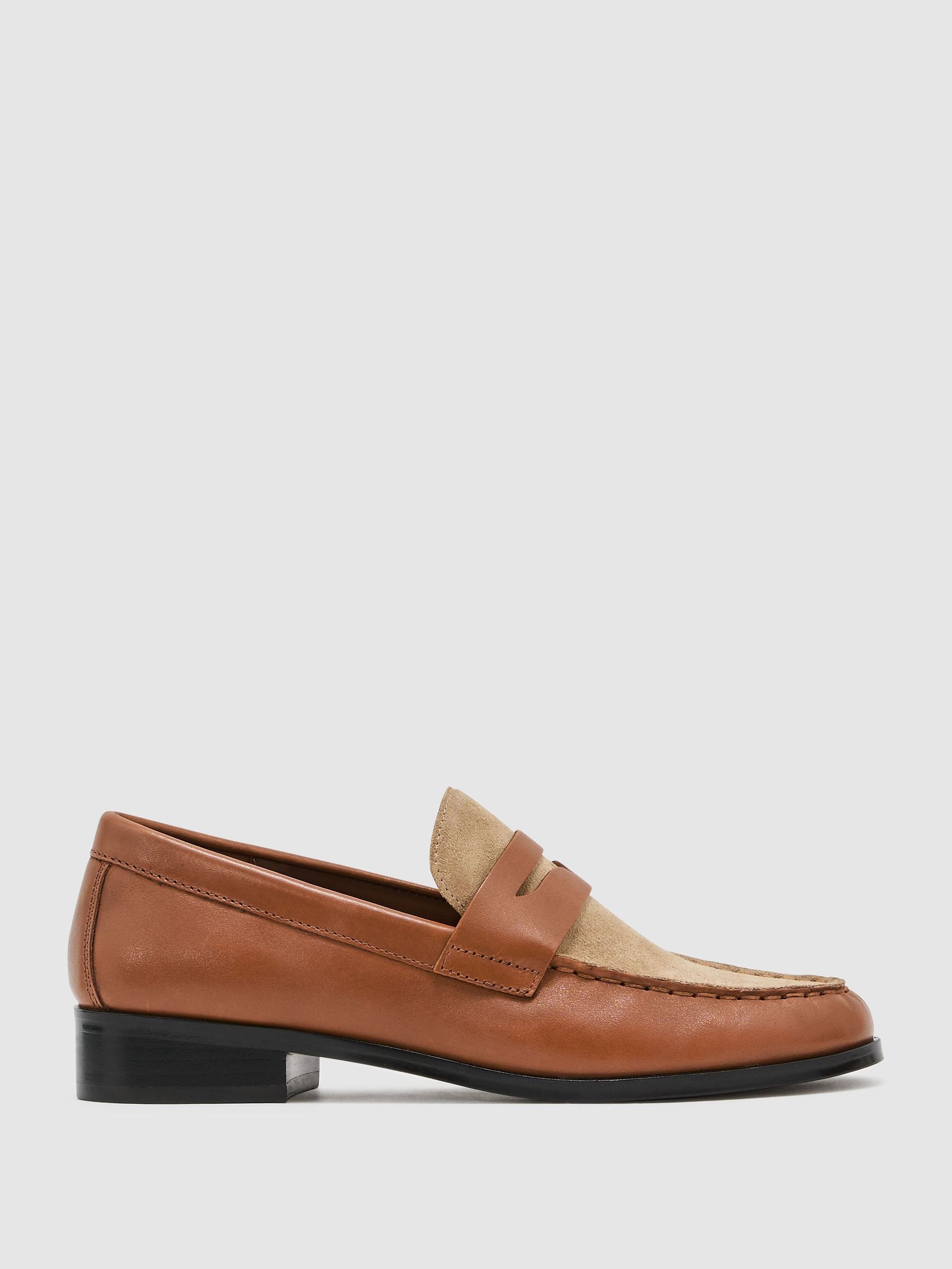 Leather and Suede Penny Loafers in Tan - Image 2 of 5 Leather and Suede Penny Loafers in Tan - Image 2 of 5