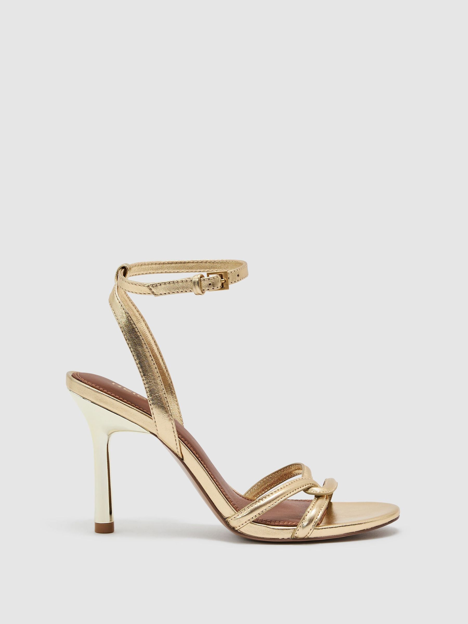 Leather Link-Strap Stiletto Sandals in Gold - Image 2 of 6
