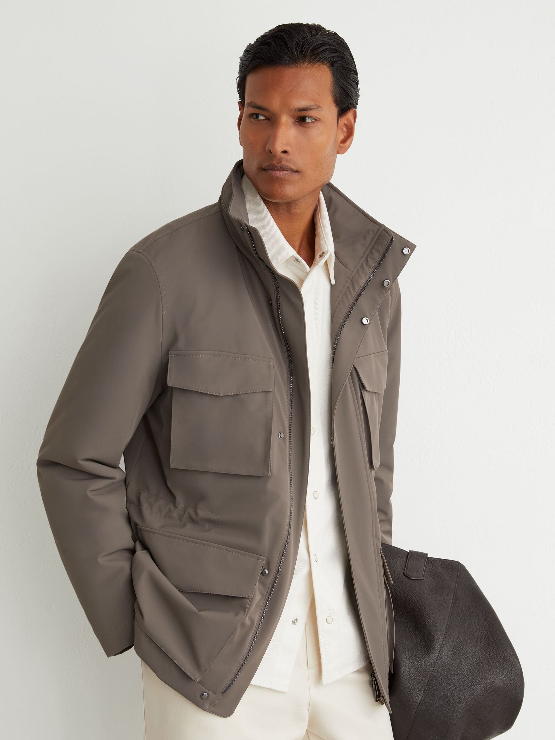 Four-Pocket Hooded Jacket with Removable Gilet in Mushroom Brown - Image 1 of 8