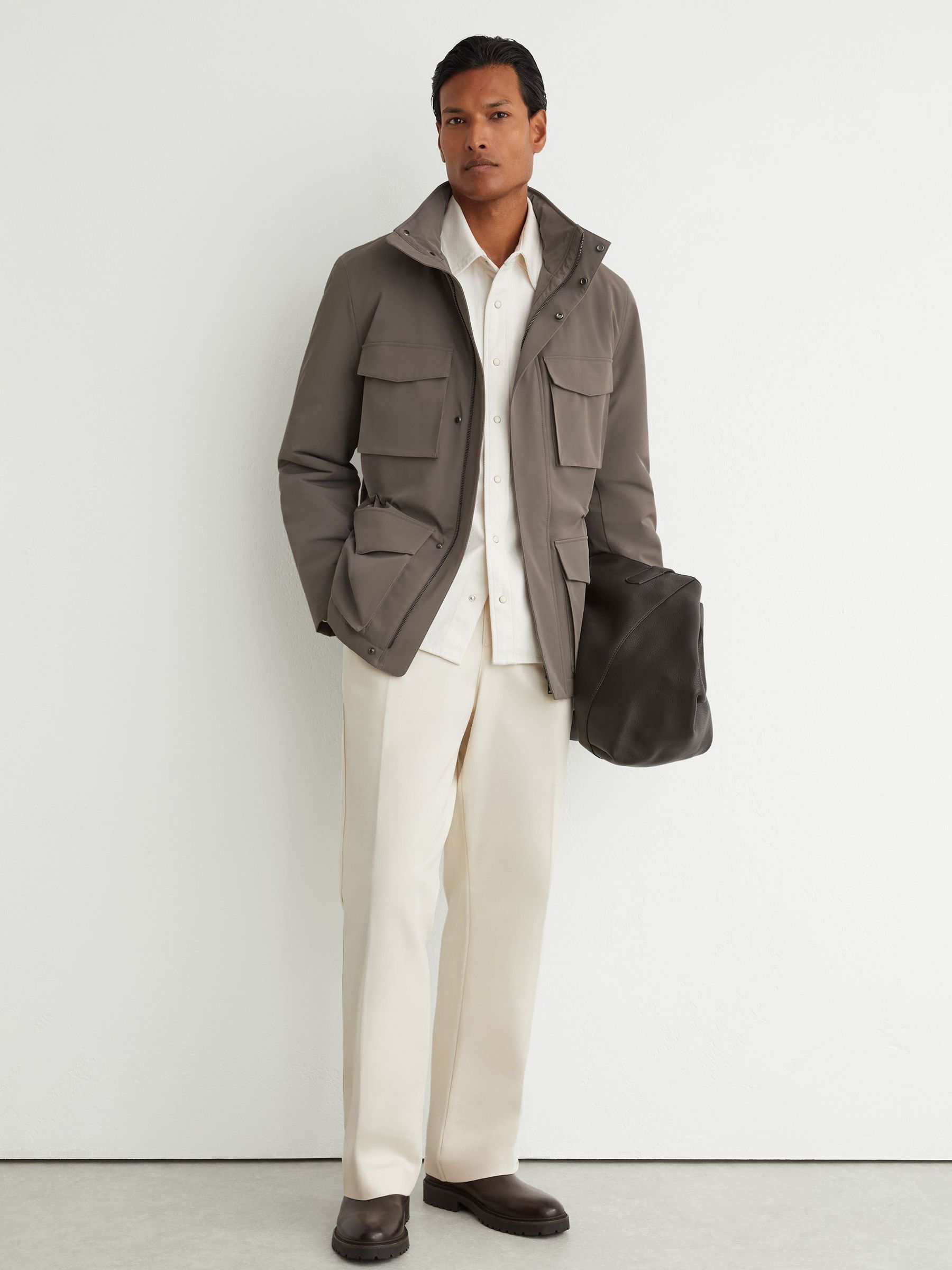 Four-Pocket Hooded Jacket with Removable Gilet in Mushroom Brown - Image 3 of 8