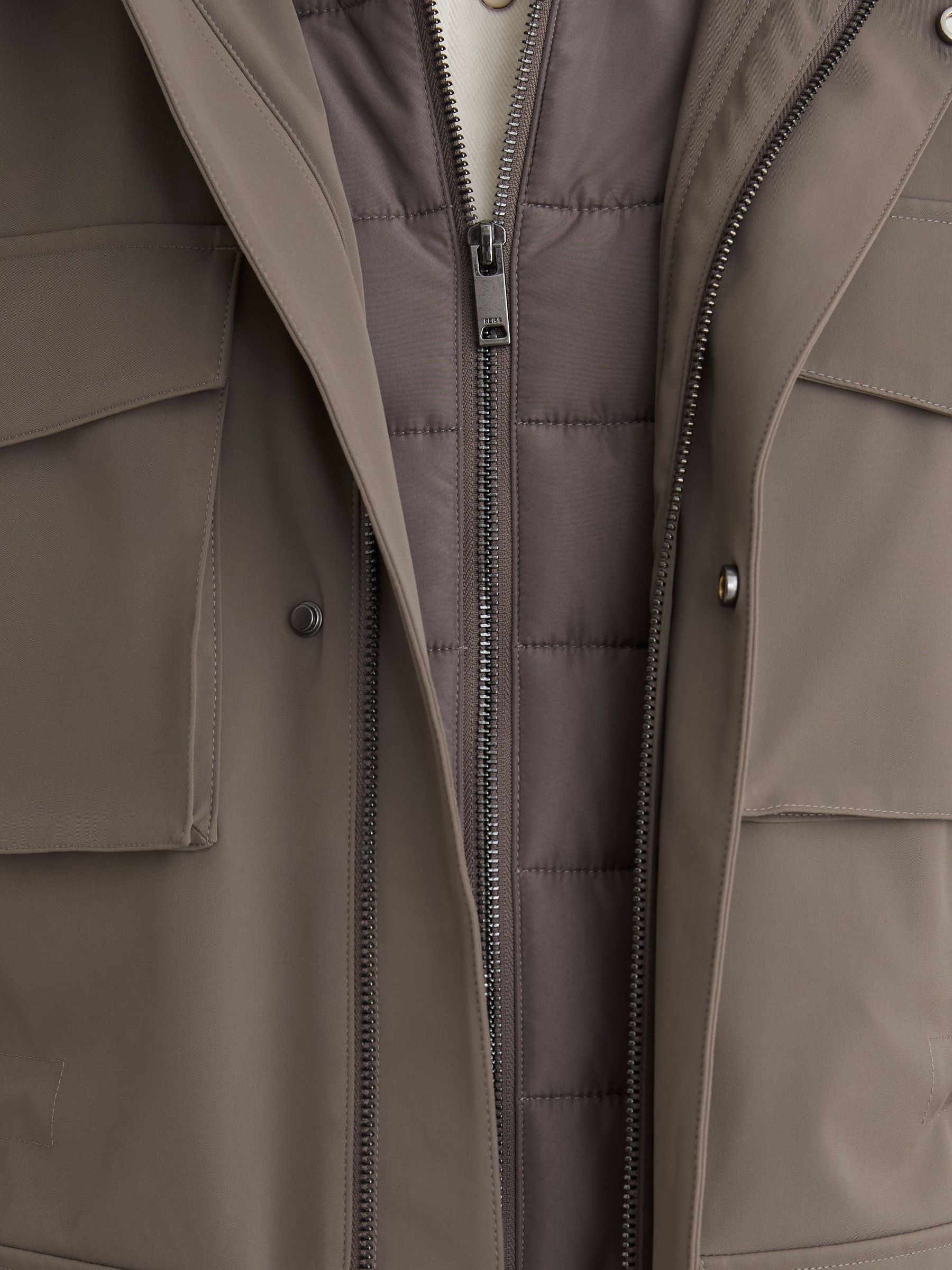 Four-Pocket Hooded Jacket with Removable Gilet in Mushroom Brown - Image 4 of 8